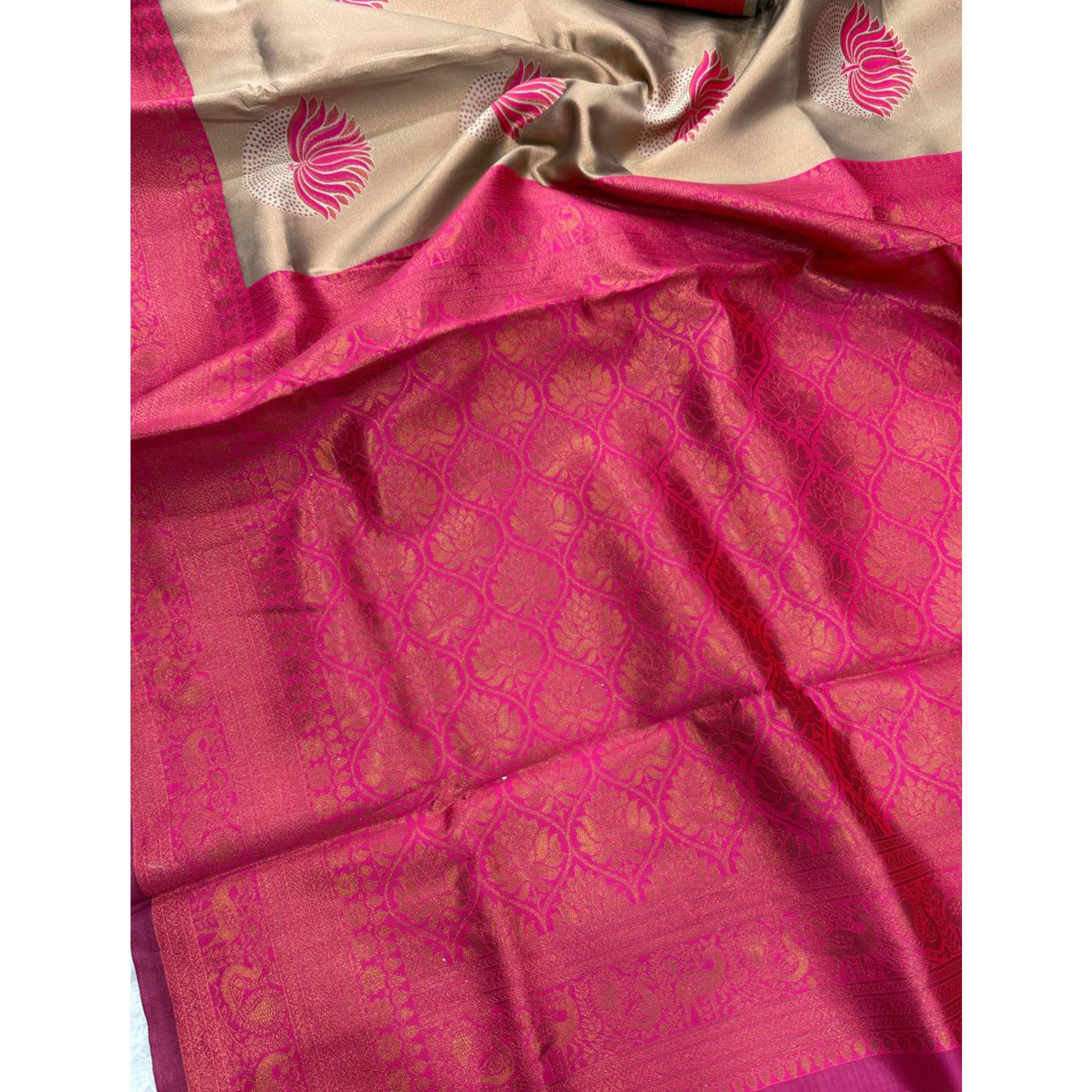 Pink Floral Zari Weaving Banarasi Silk Saree Embellished With Intricate Unique Border & Pallu