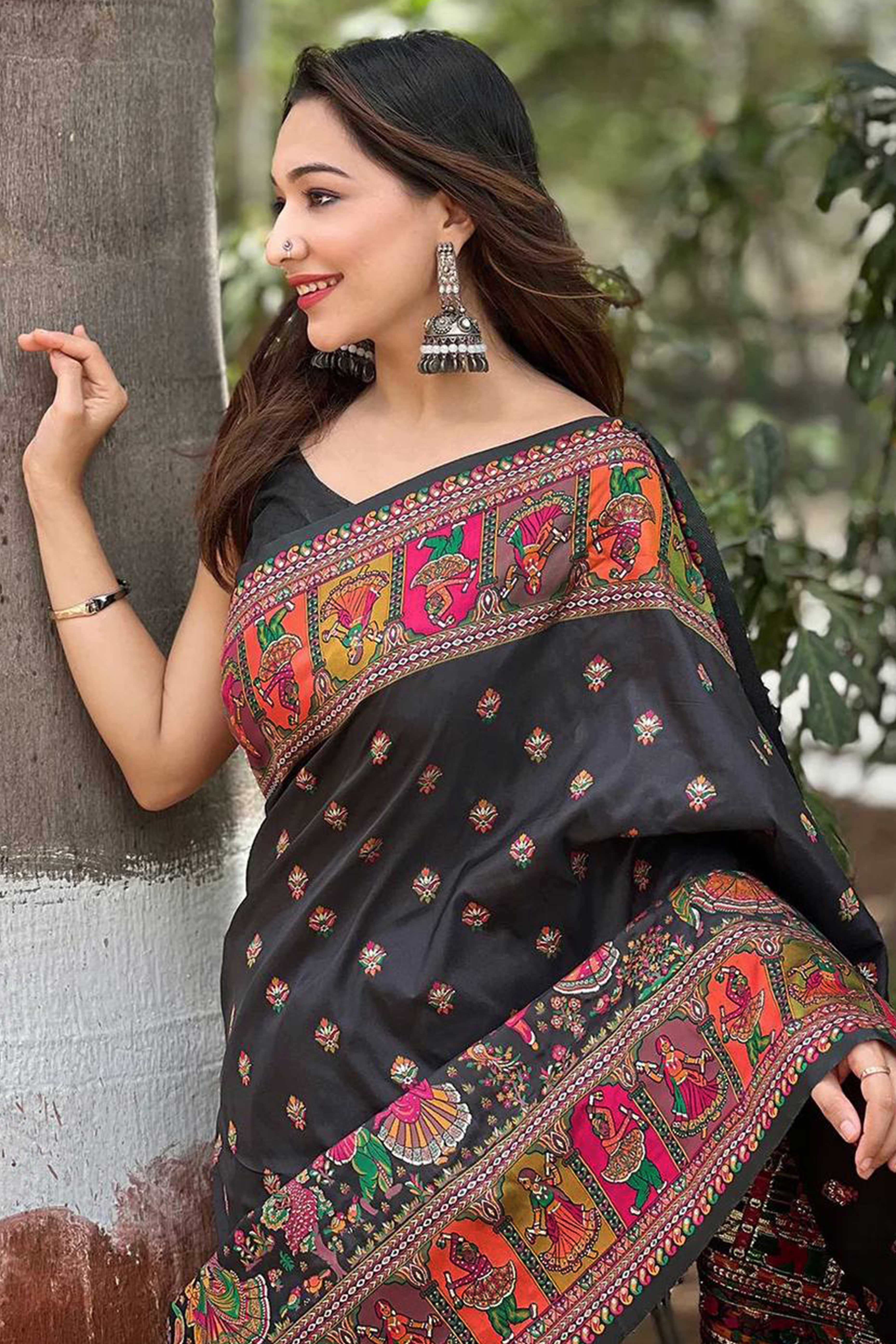 Black Pashmina Silk Saree Enhanced with Intricate Rajwadi Zari Weaves for Festive Elegance