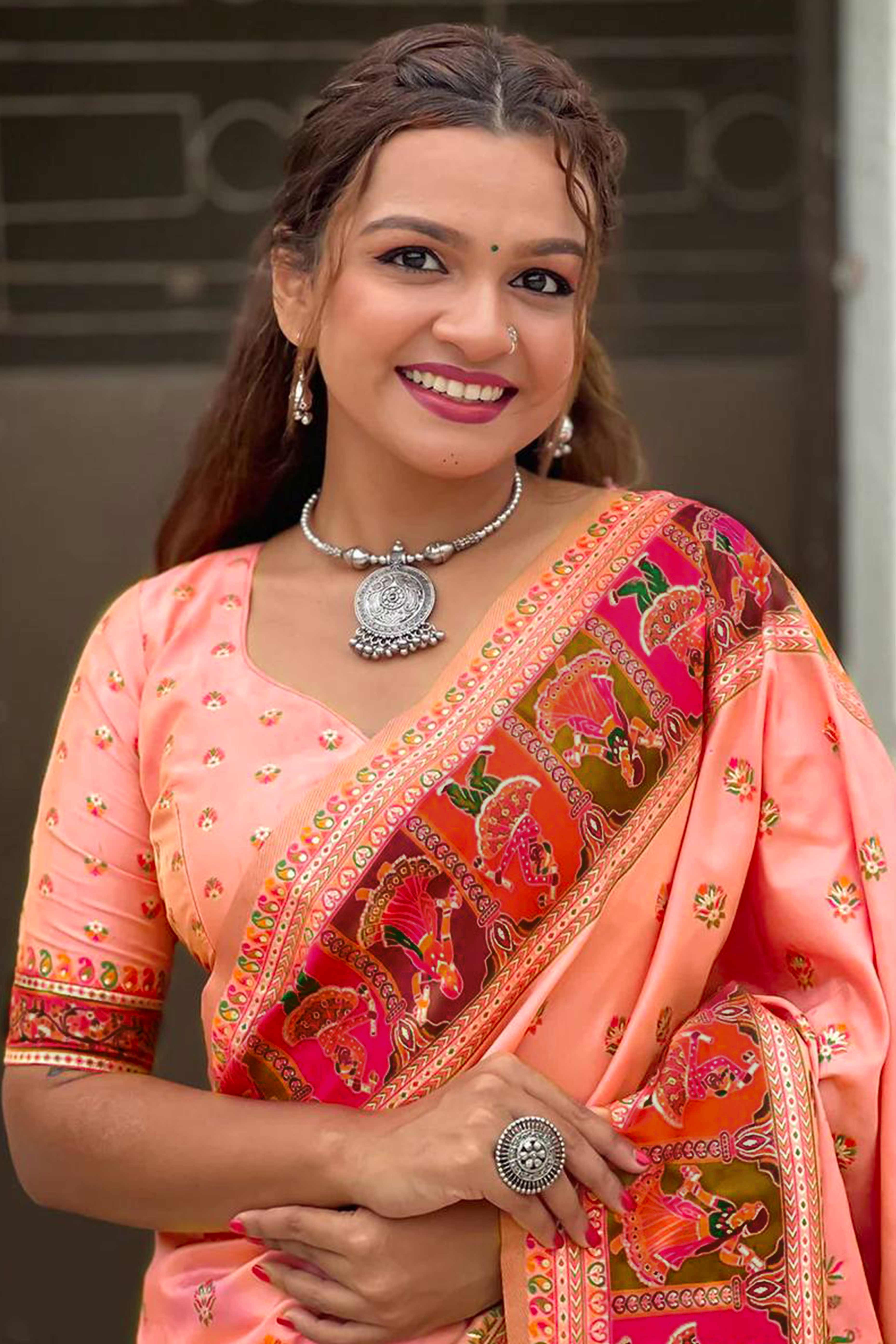 Peach Pashmina Silk Saree Enhanced with Intricate Rajwadi Zari Weaves for Festive Elegance