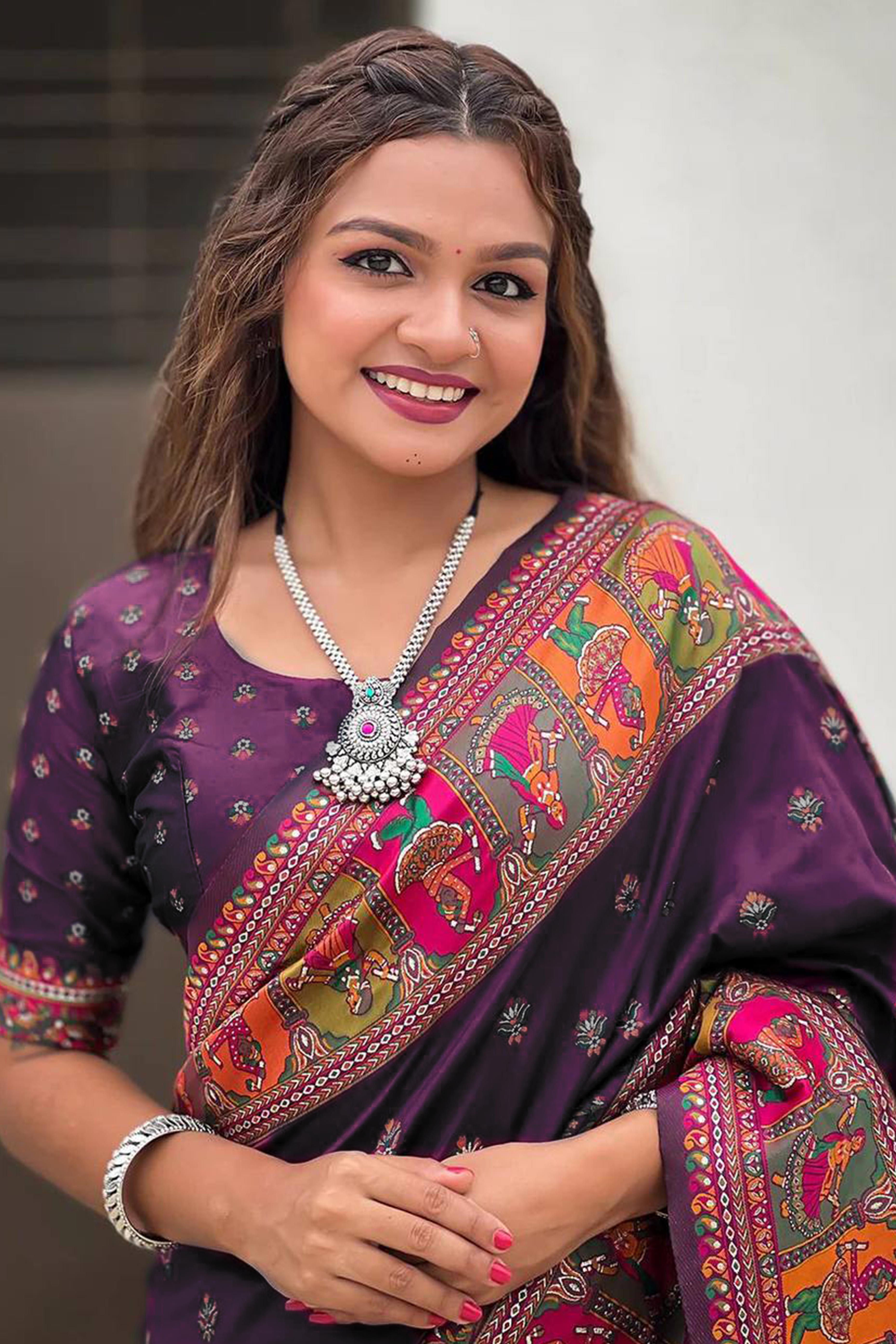 Purple Pashmina Silk Saree Enhanced with Intricate Rajwadi Zari Weaves for Festive Elegance