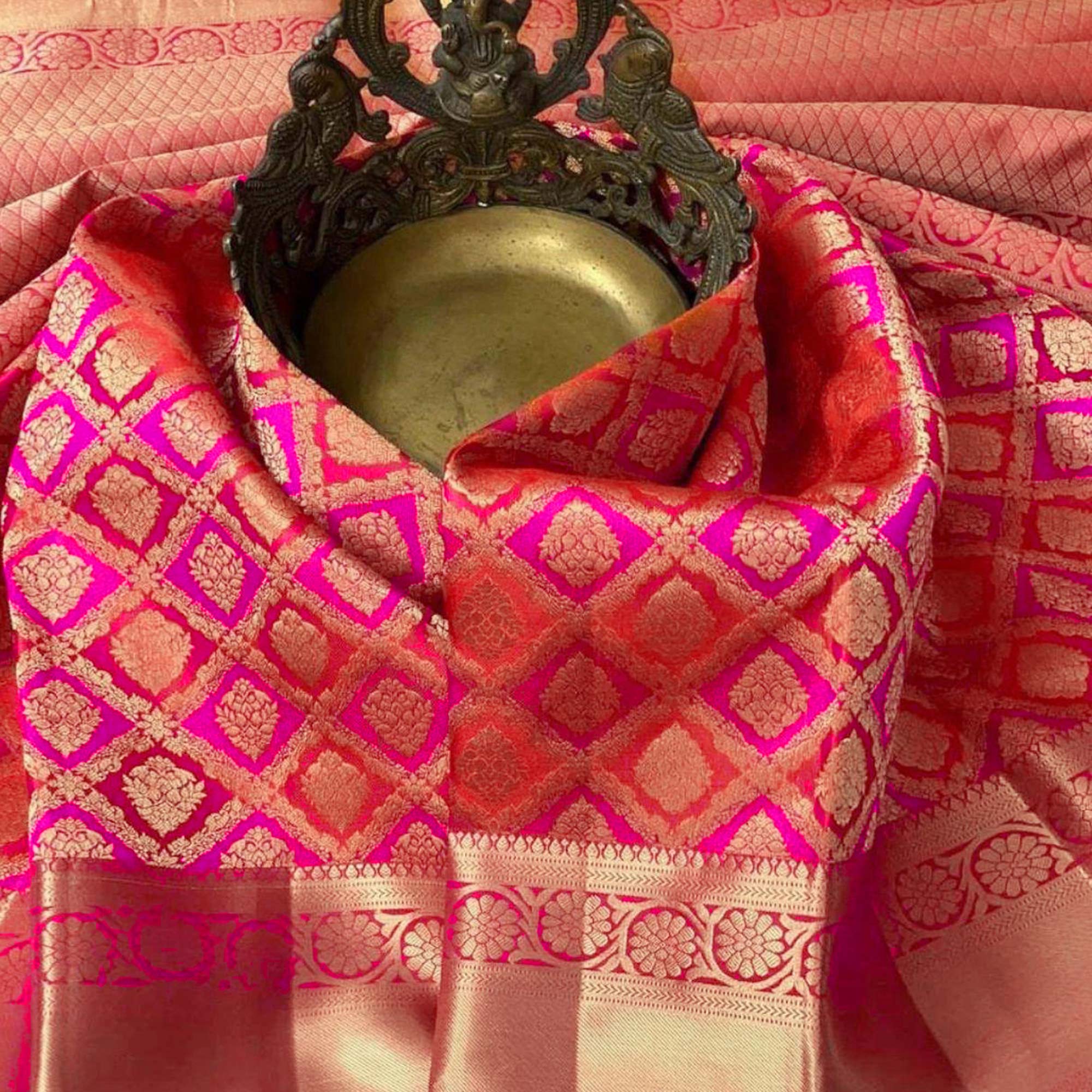 Rani Pink Floral Woven Lichi Banarasi Silk Saree