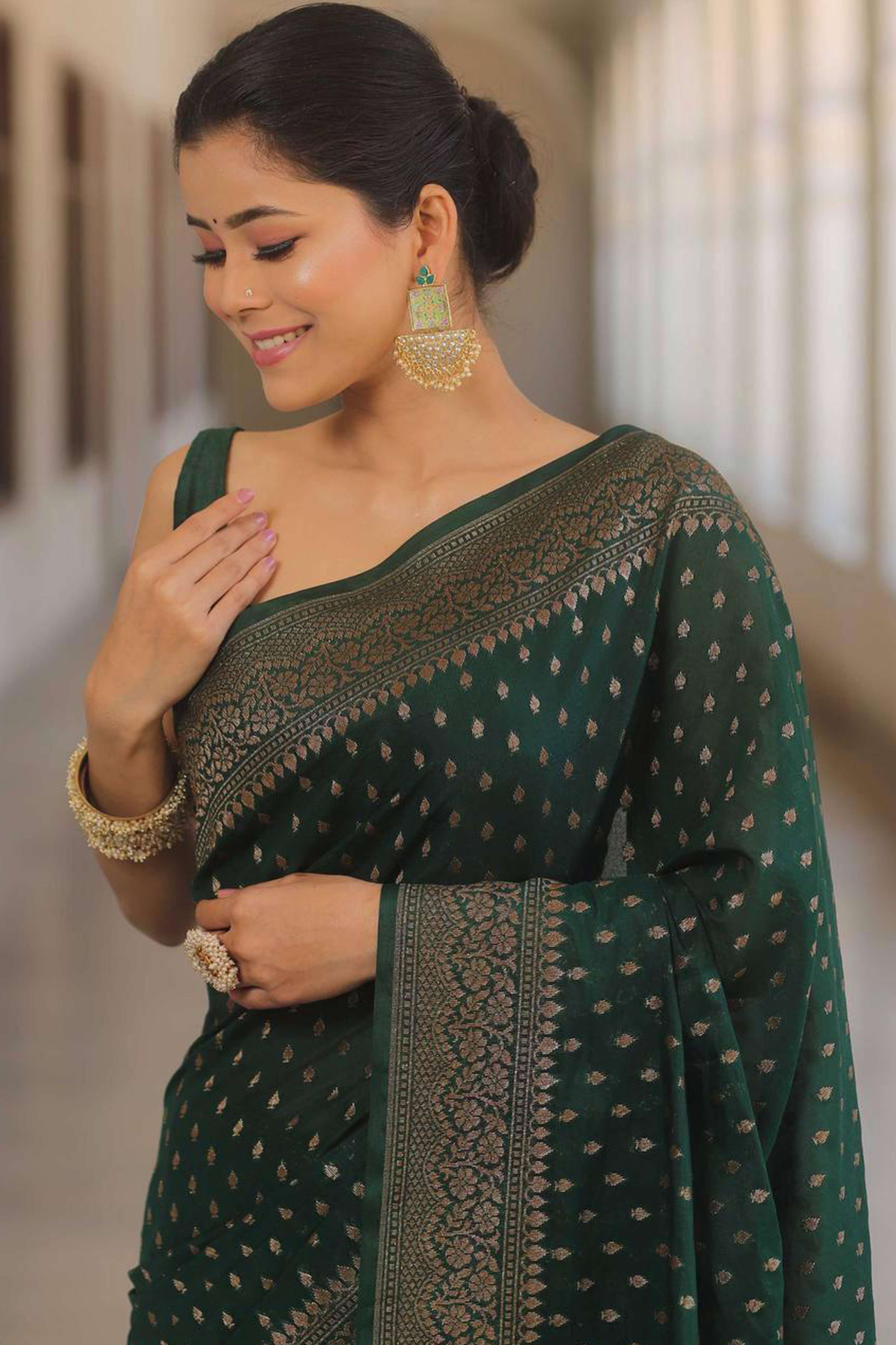 Green Floral Woven Lichi Banarasi Silk Saree