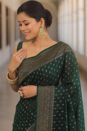 Green Floral Woven Lichi Banarasi Silk Saree