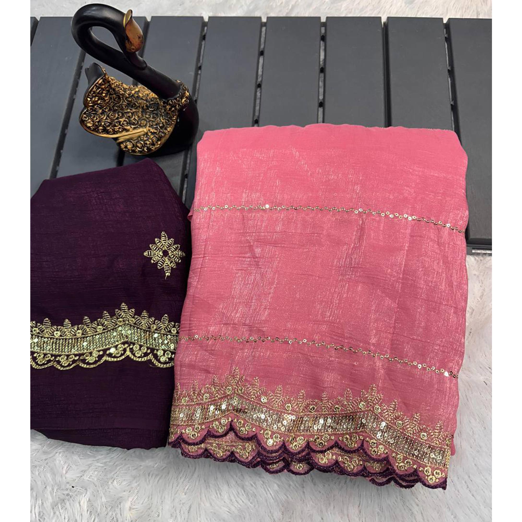 Gajari Pink Sequins Embroidered Tussar silk Saree