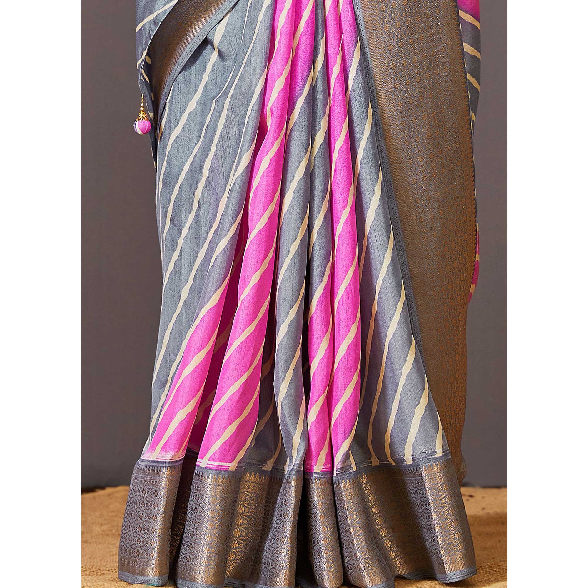 Pink & Grey Printed Dola Silk Saree With Zari Border