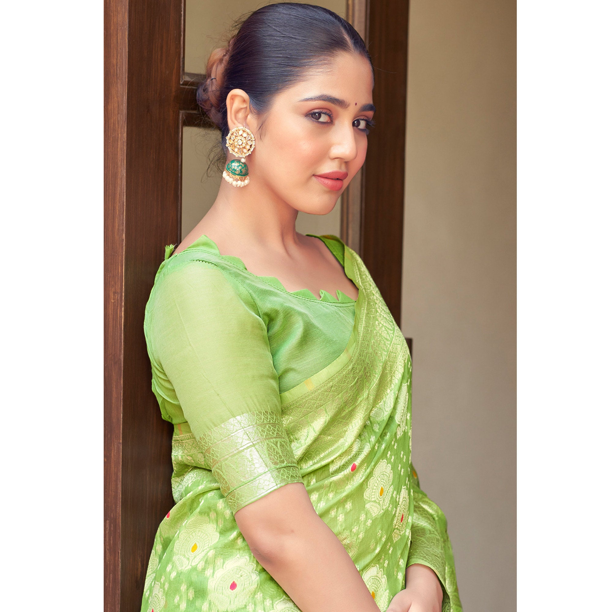 Green Woven Cotton Silk Saree With Tassels