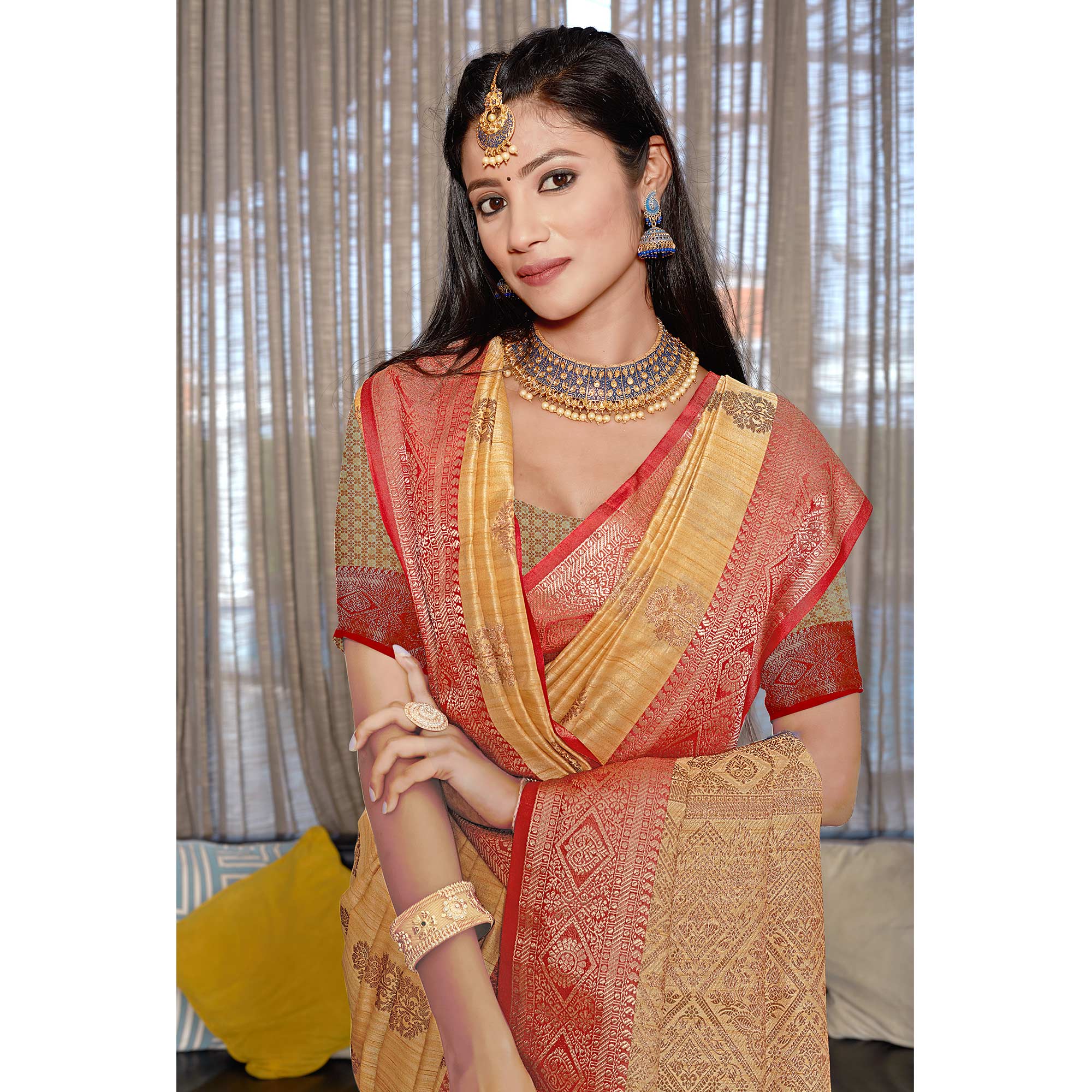 Chikoo Floral Woven Cotton Blend Saree