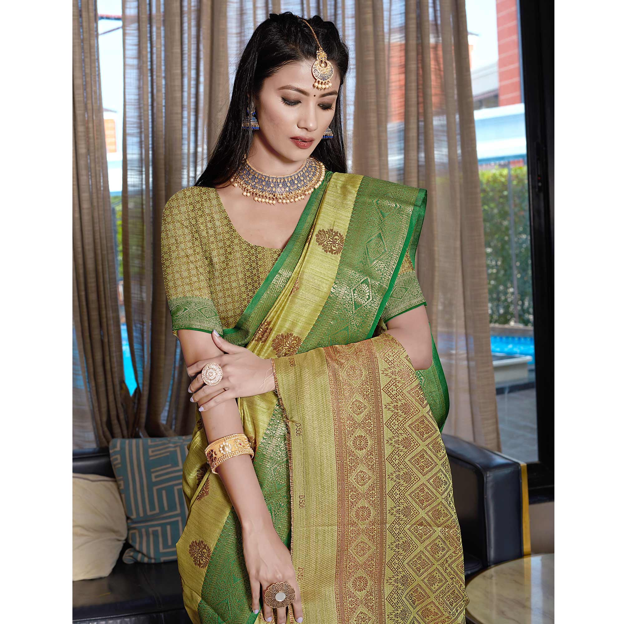 Green Floral Woven Cotton Blend Saree