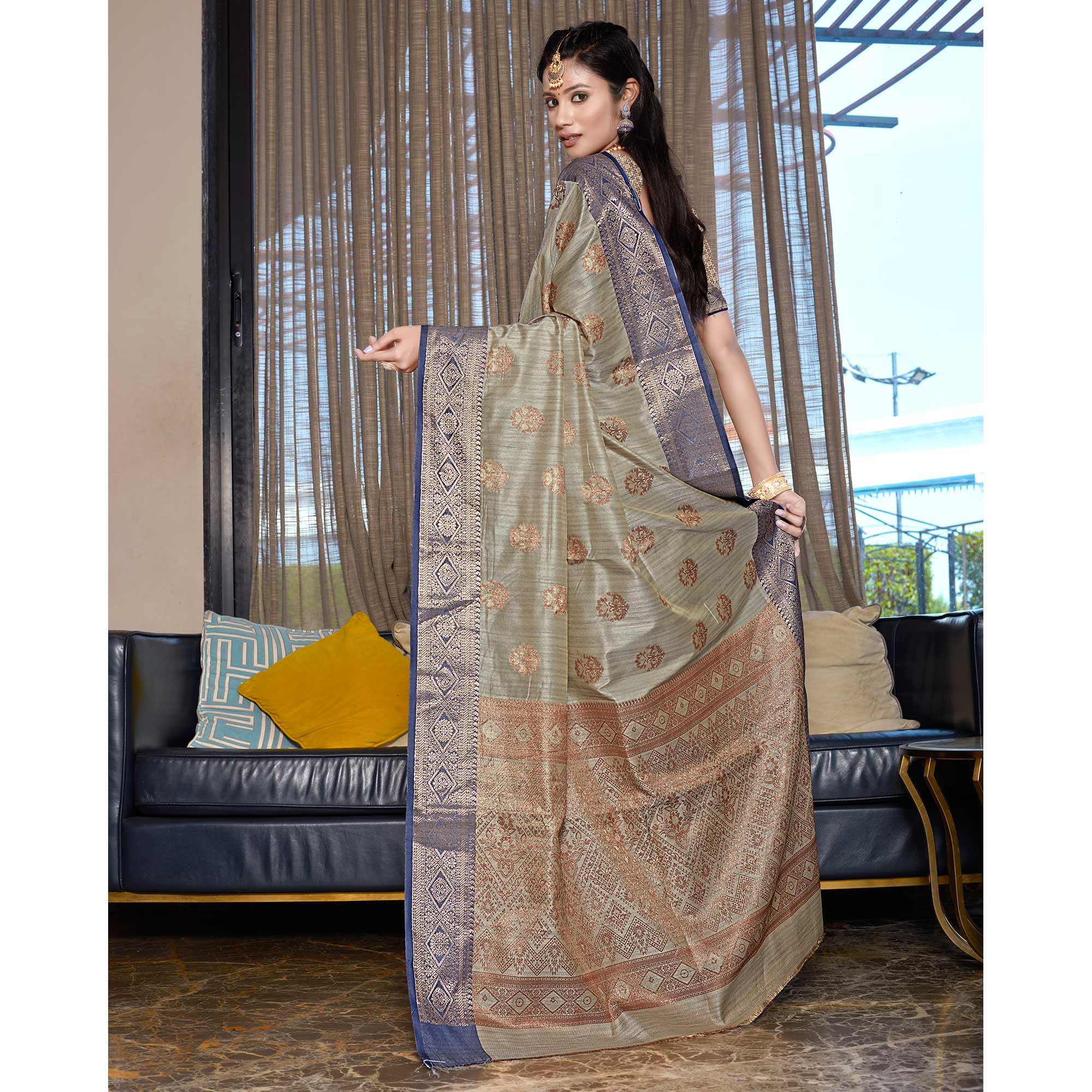 Grey Floral Woven Cotton Blend Saree