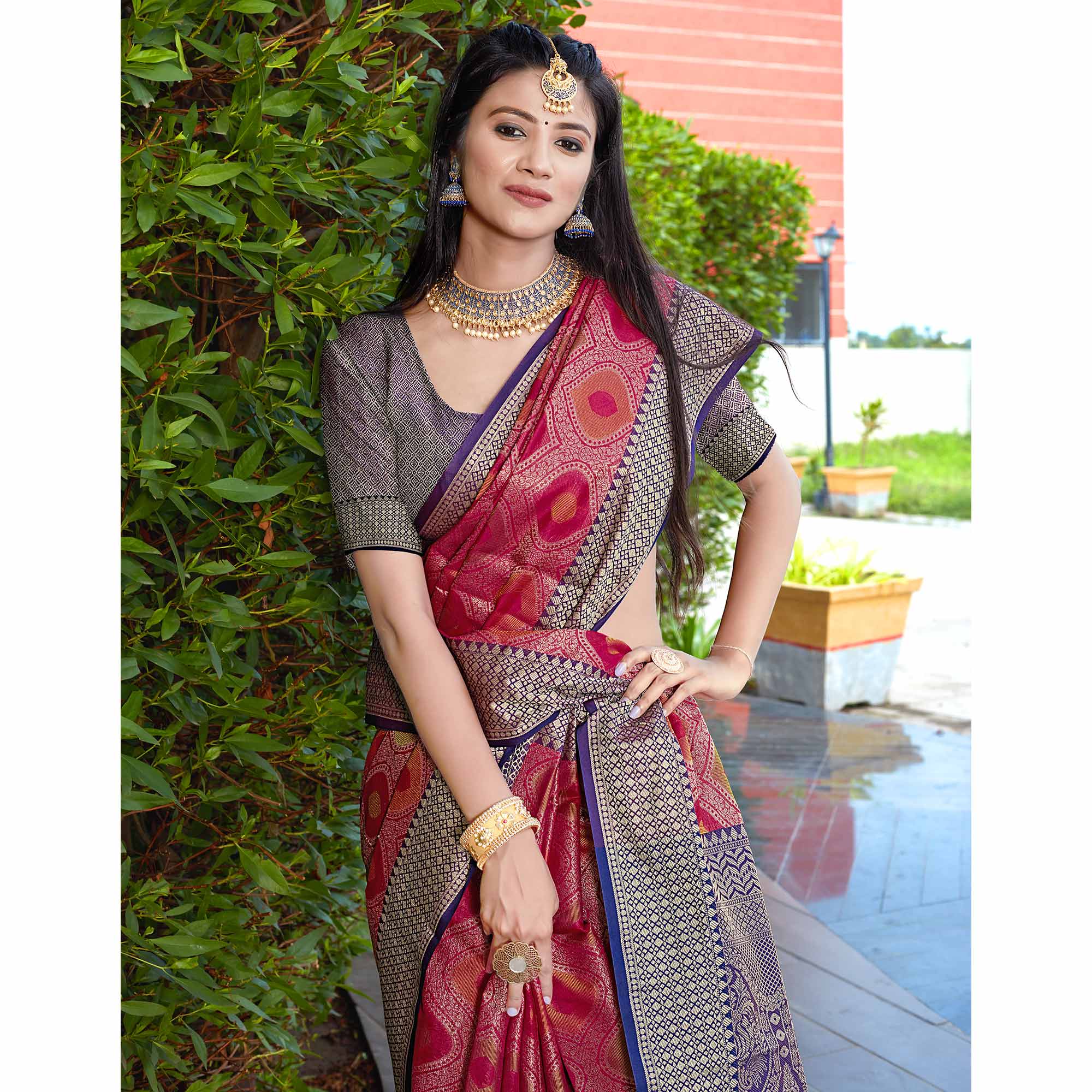 Rani Pink Woven Art Silk Saree