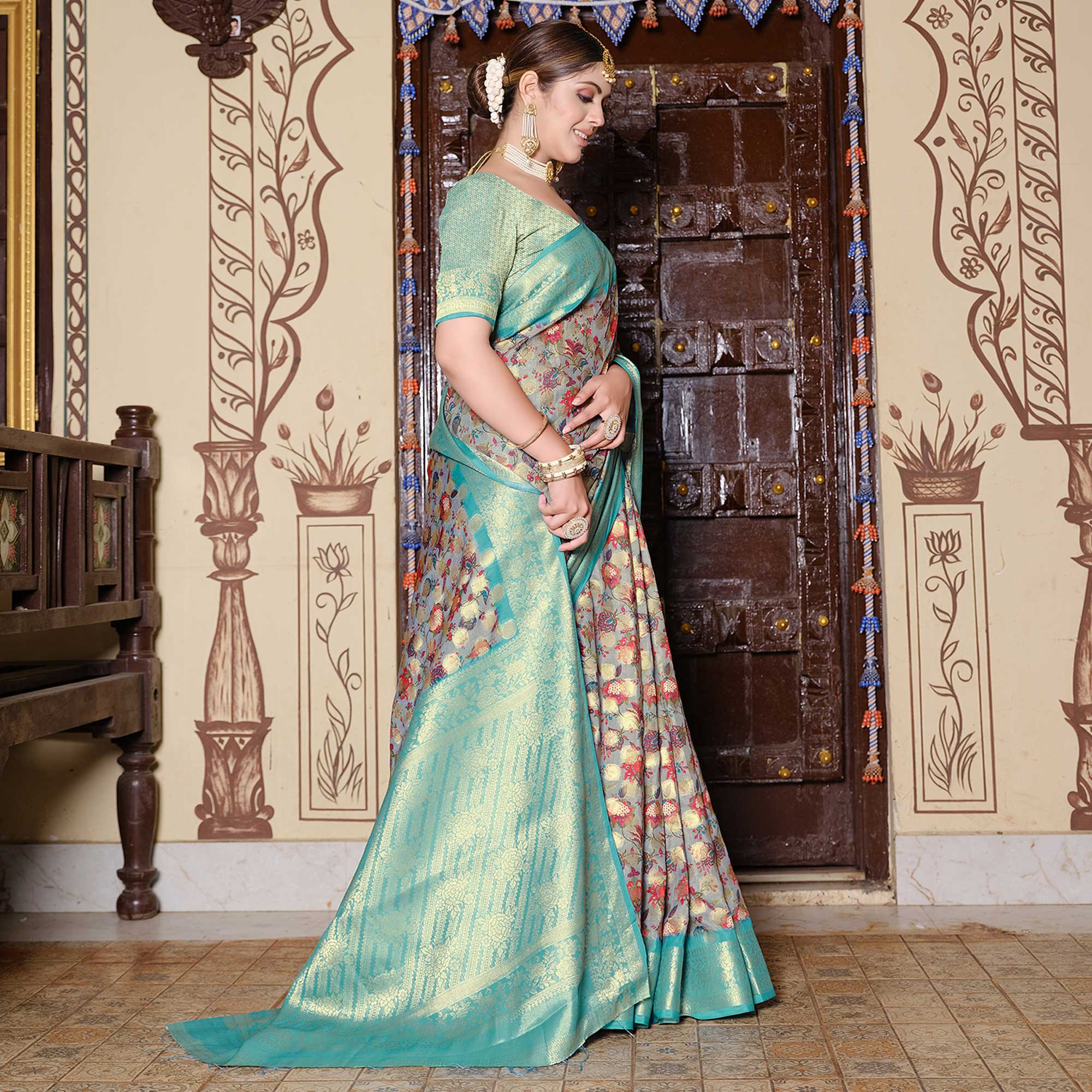 Grey & Turquoise Floral Printed Pure Cotton Saree