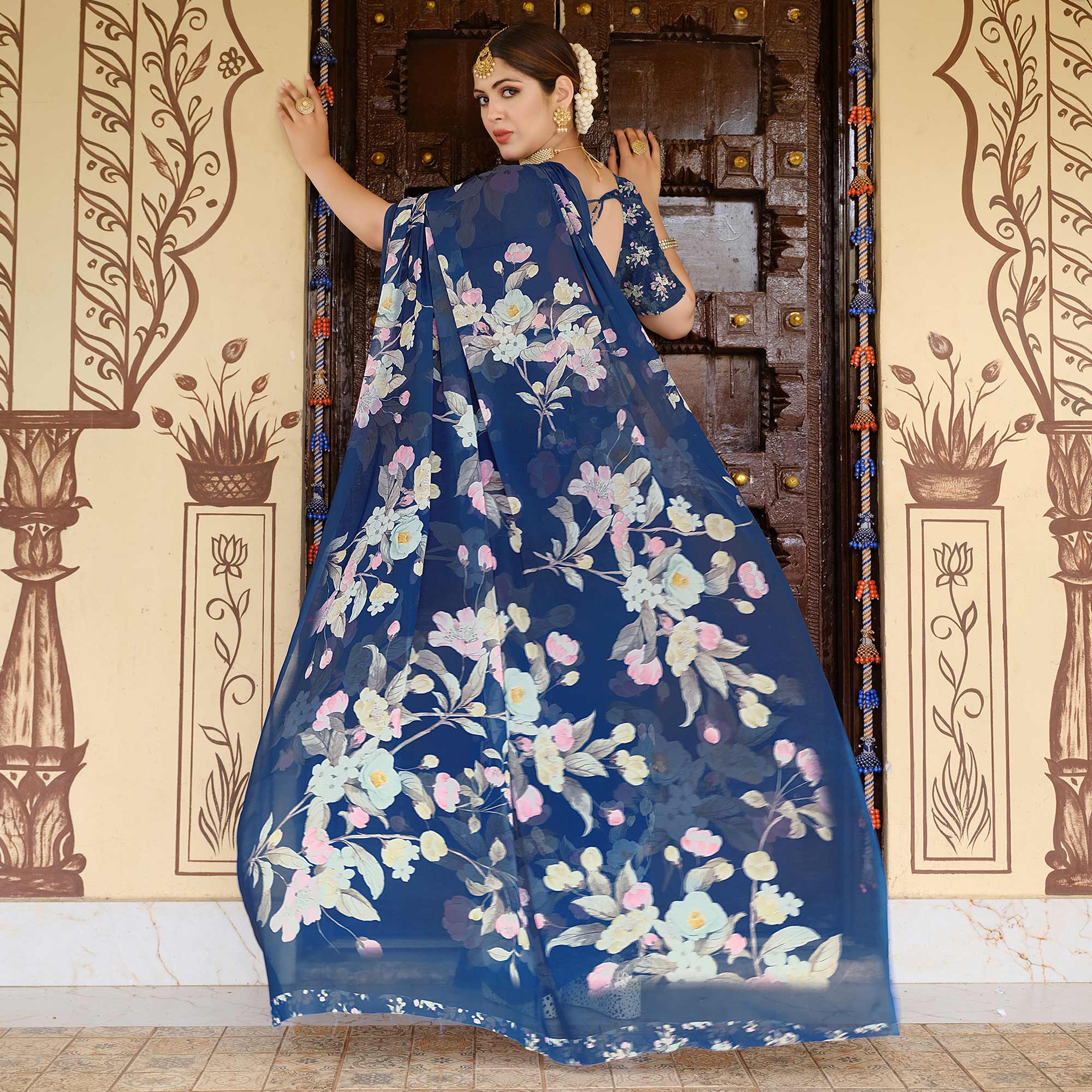 Blue Floral Digital Printed Georgette Saree