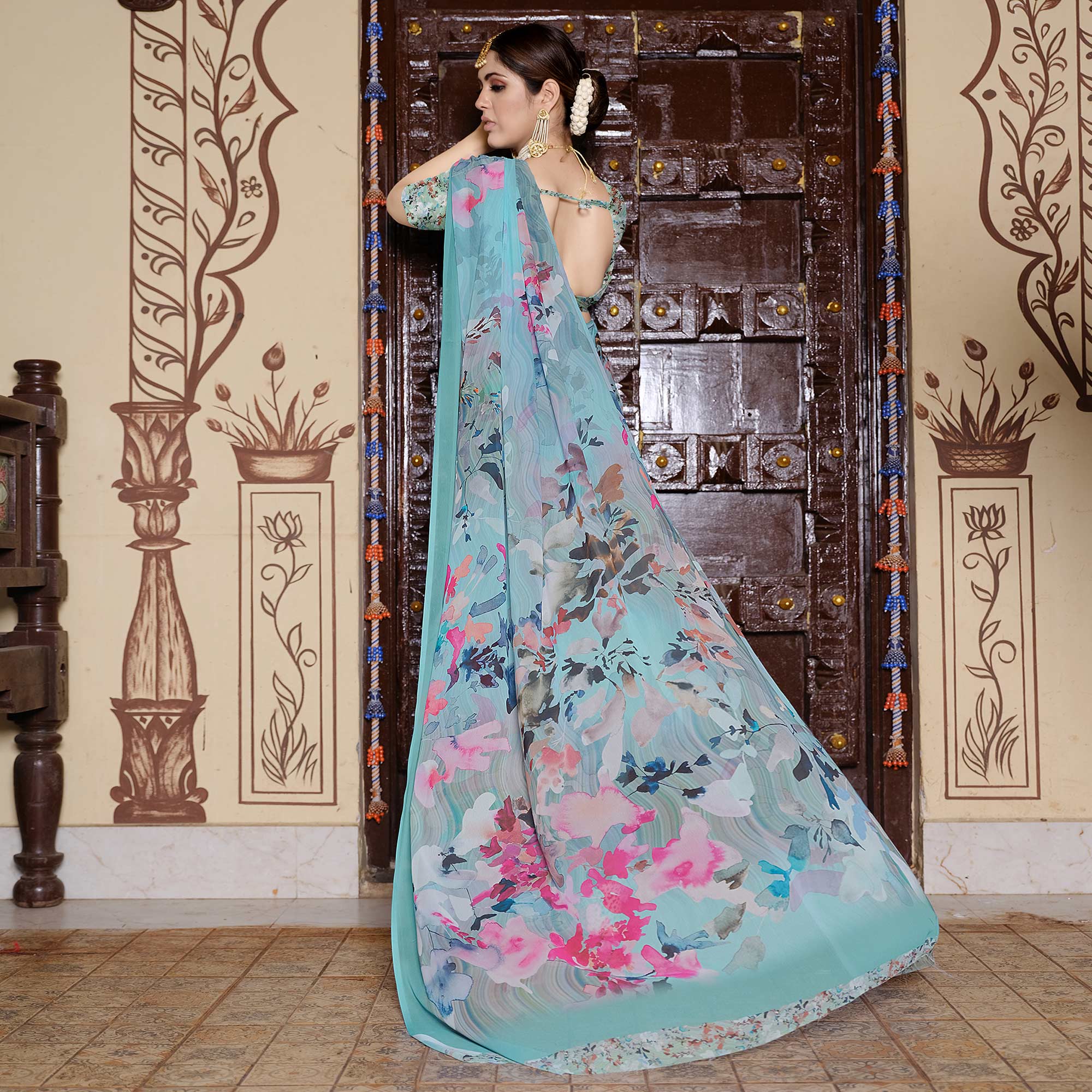 Turquoise Floral Digital Printed Georgette Saree