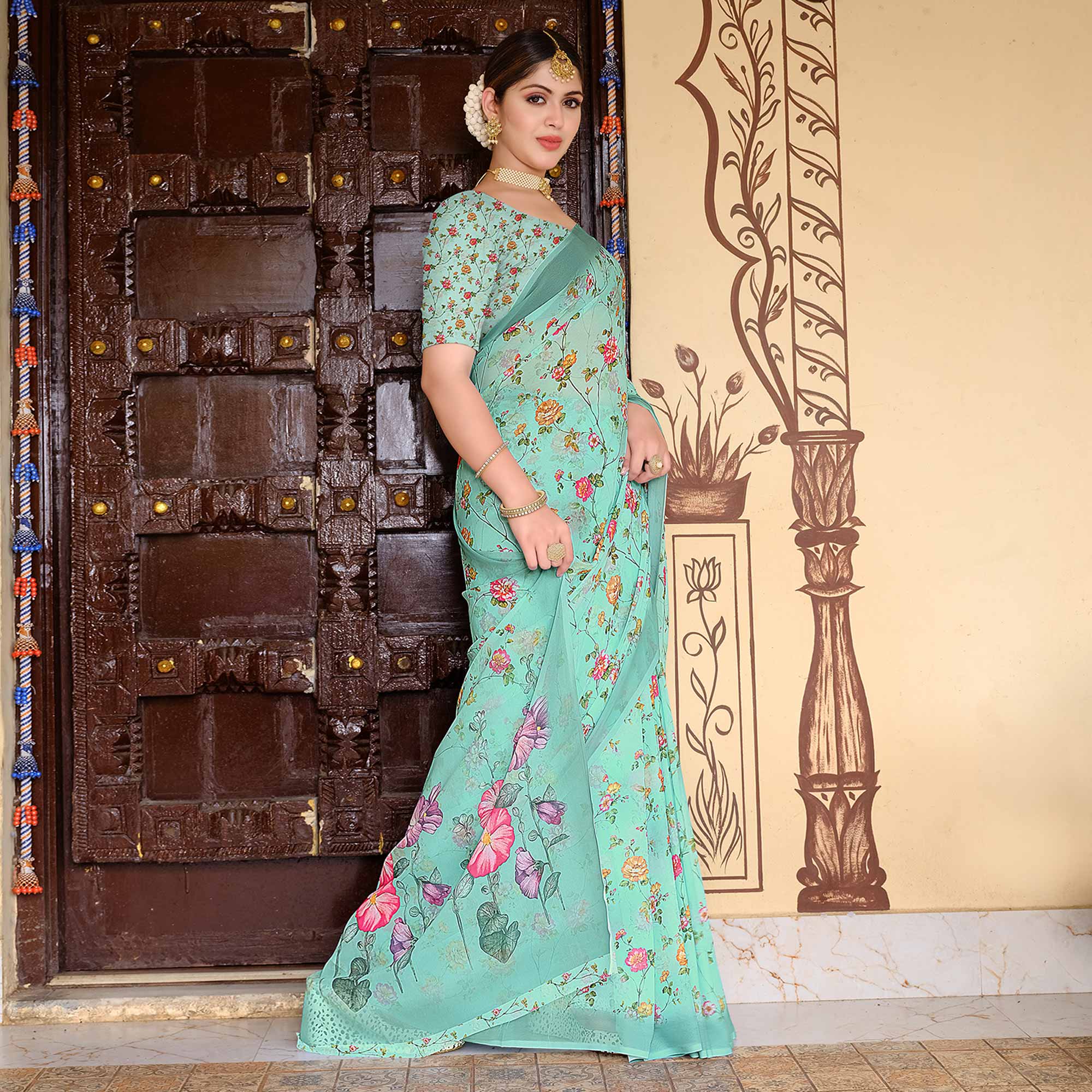 Turquoise Floral Digital Printed Georgette Saree