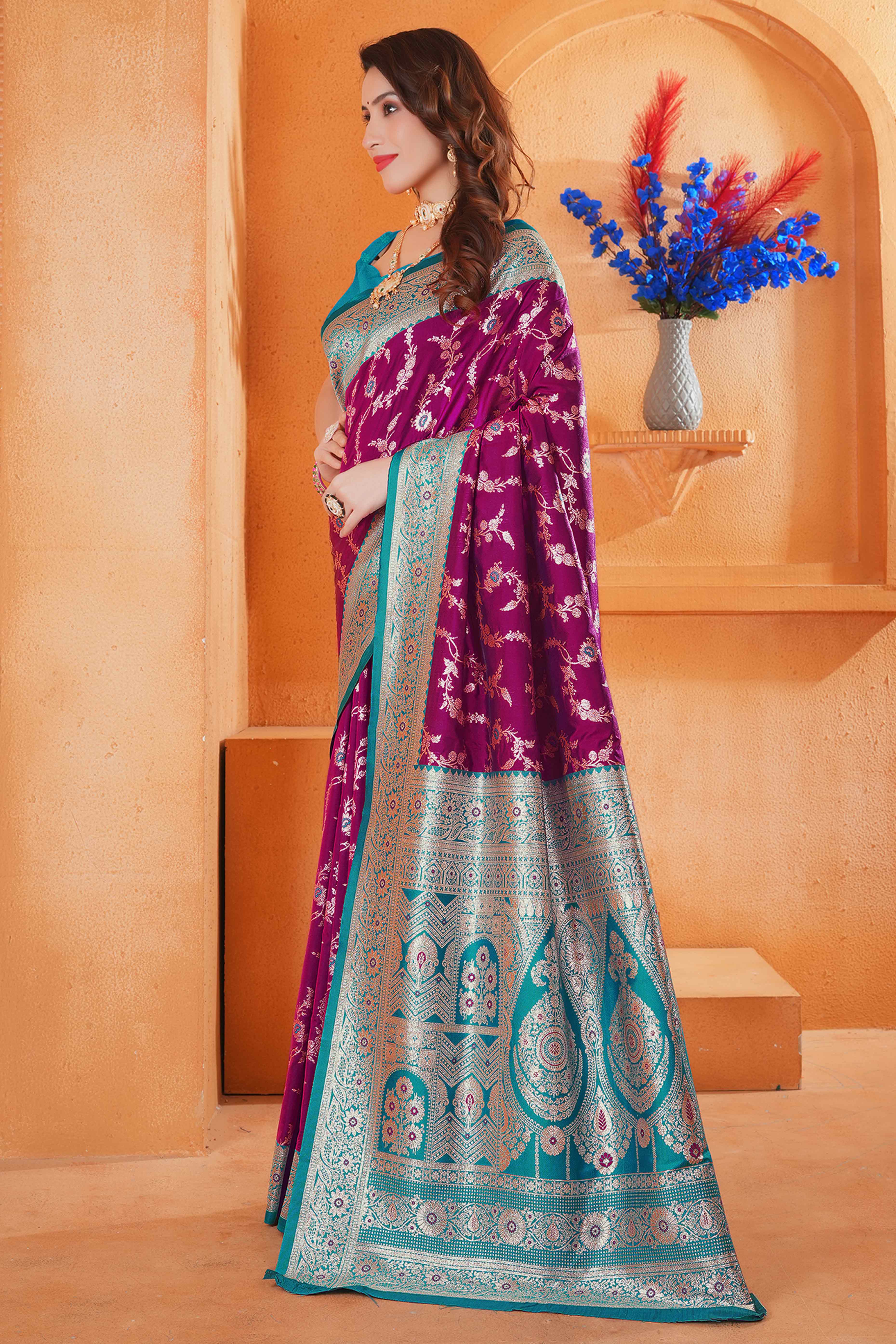 Dark Magenta Art Silk Saree With Intricate Floral Banarasi Zari Weaving