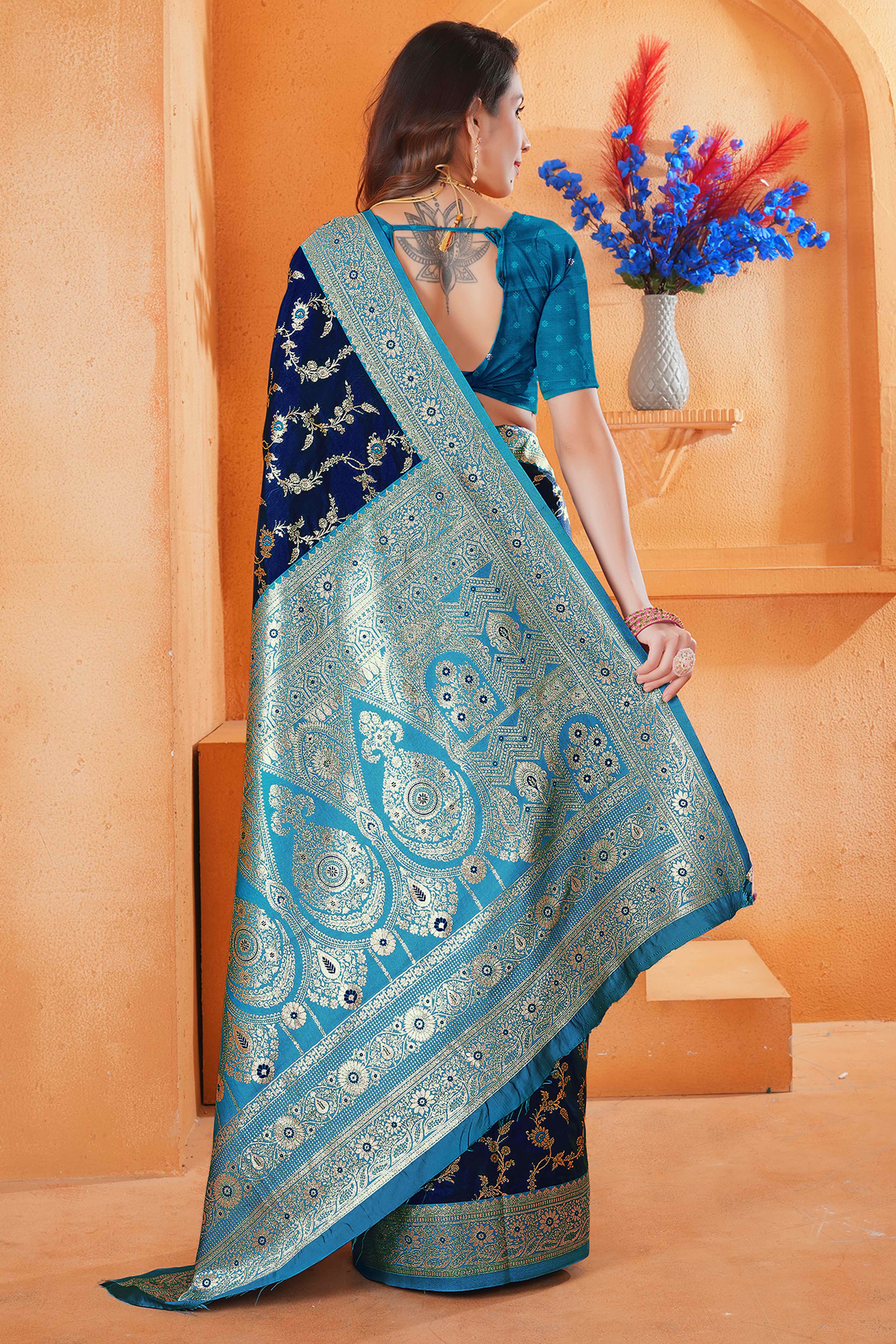 Navy Blue Art Silk Saree With Intricate Floral Banarasi Zari Weaving