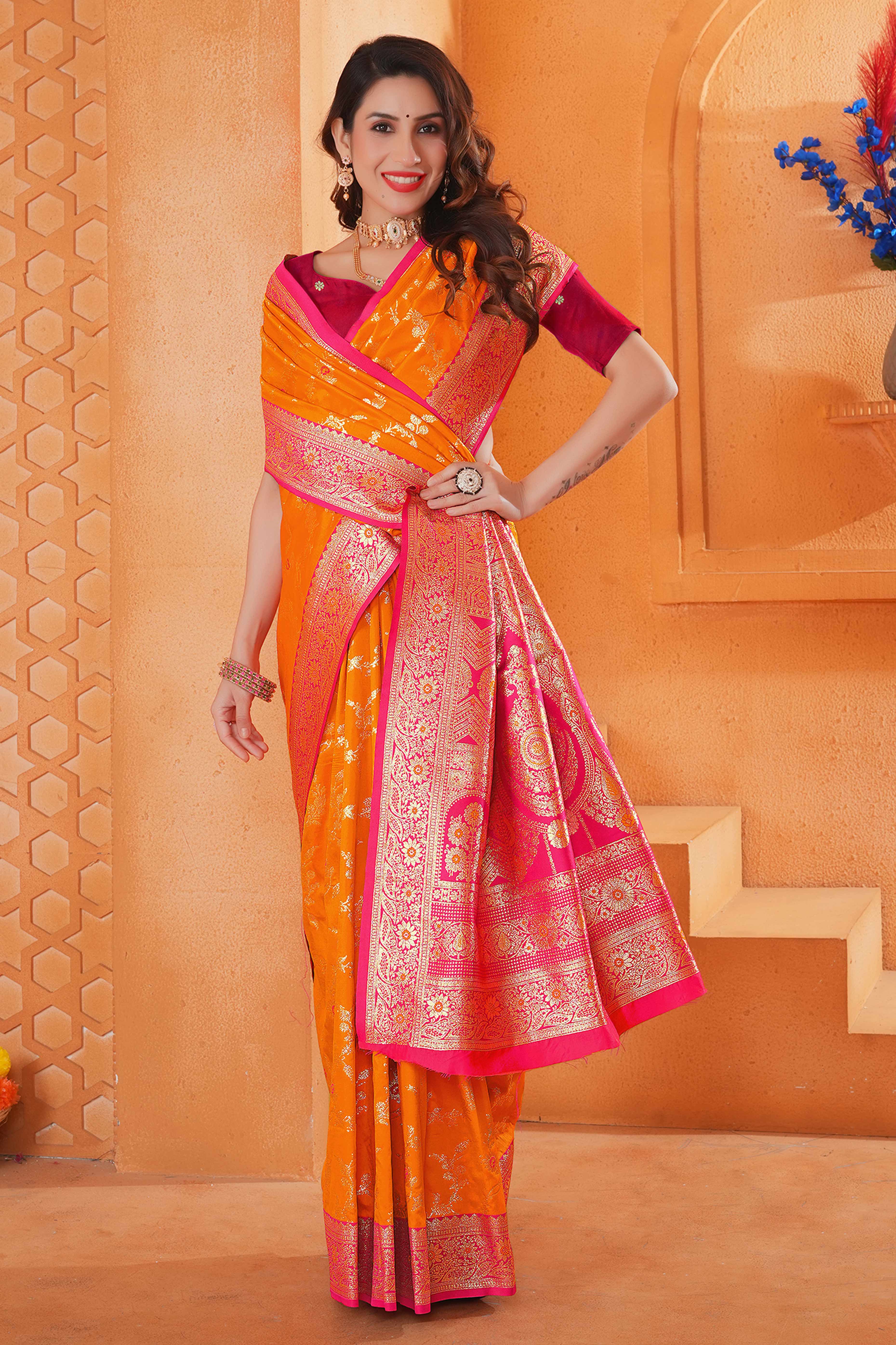 Orange Art Silk Saree With Intricate Floral Banarasi Zari Weaving