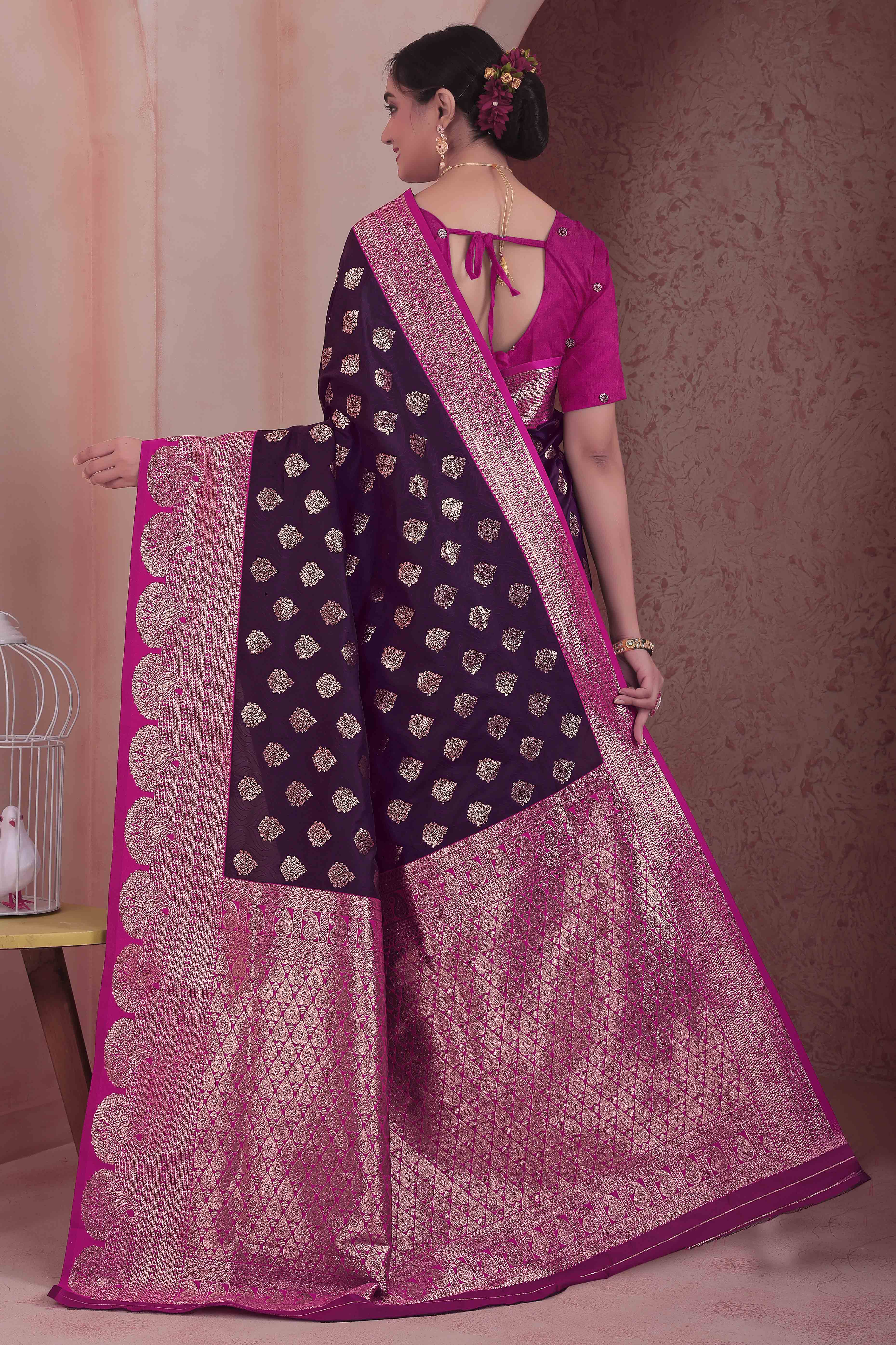 Refreshing Zari Woven Dark Wine Art Silk Saree Accented With A Heritage Banarasi Pallu