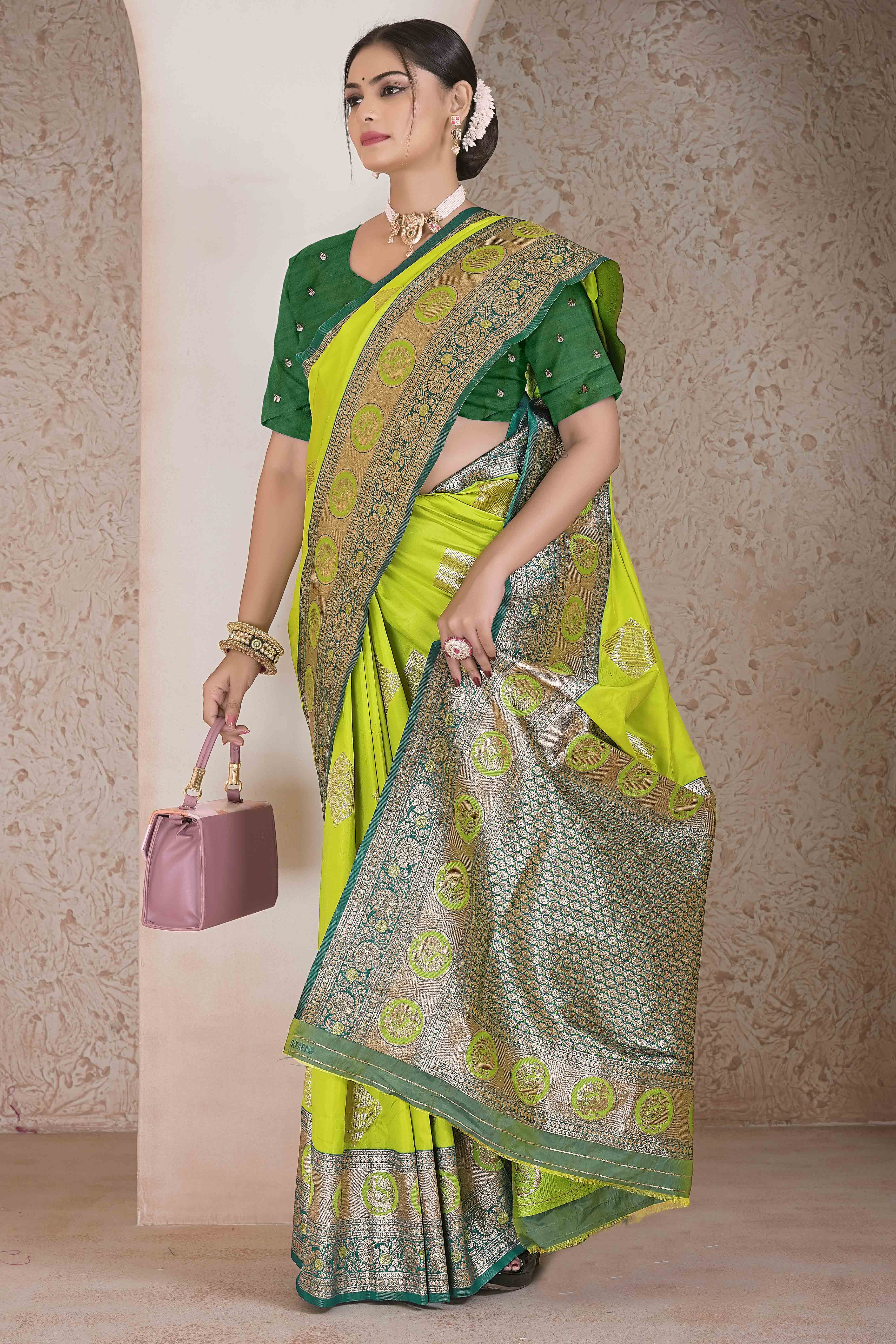 Parrot Green Zari Woven Art Silk Saree With Opulent Banarasi Pallu Work