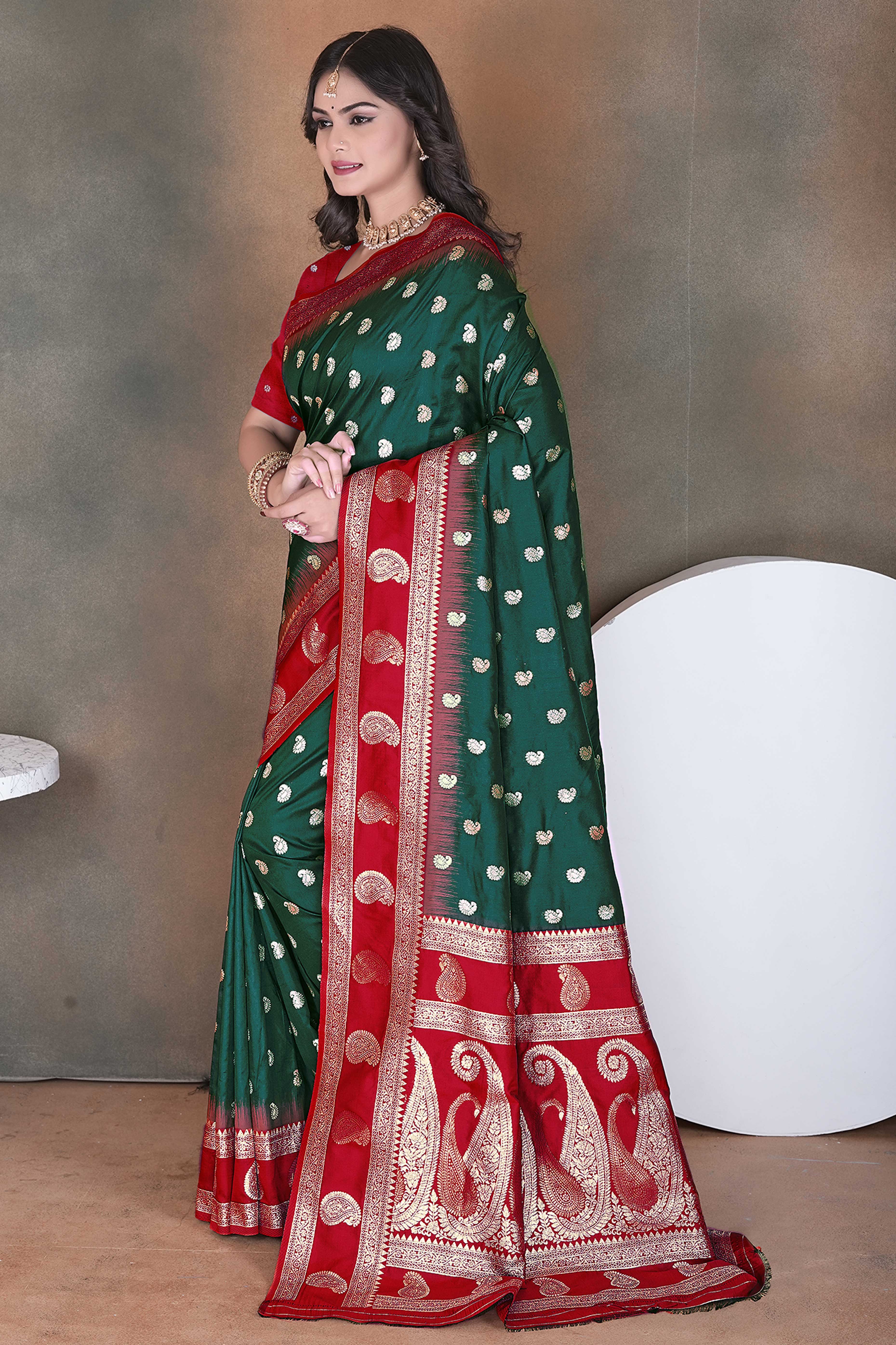 Bottle Green Art Silk Saree Adorned With Zari Woven Paisley Motifs & Rich Banarasi Pallu