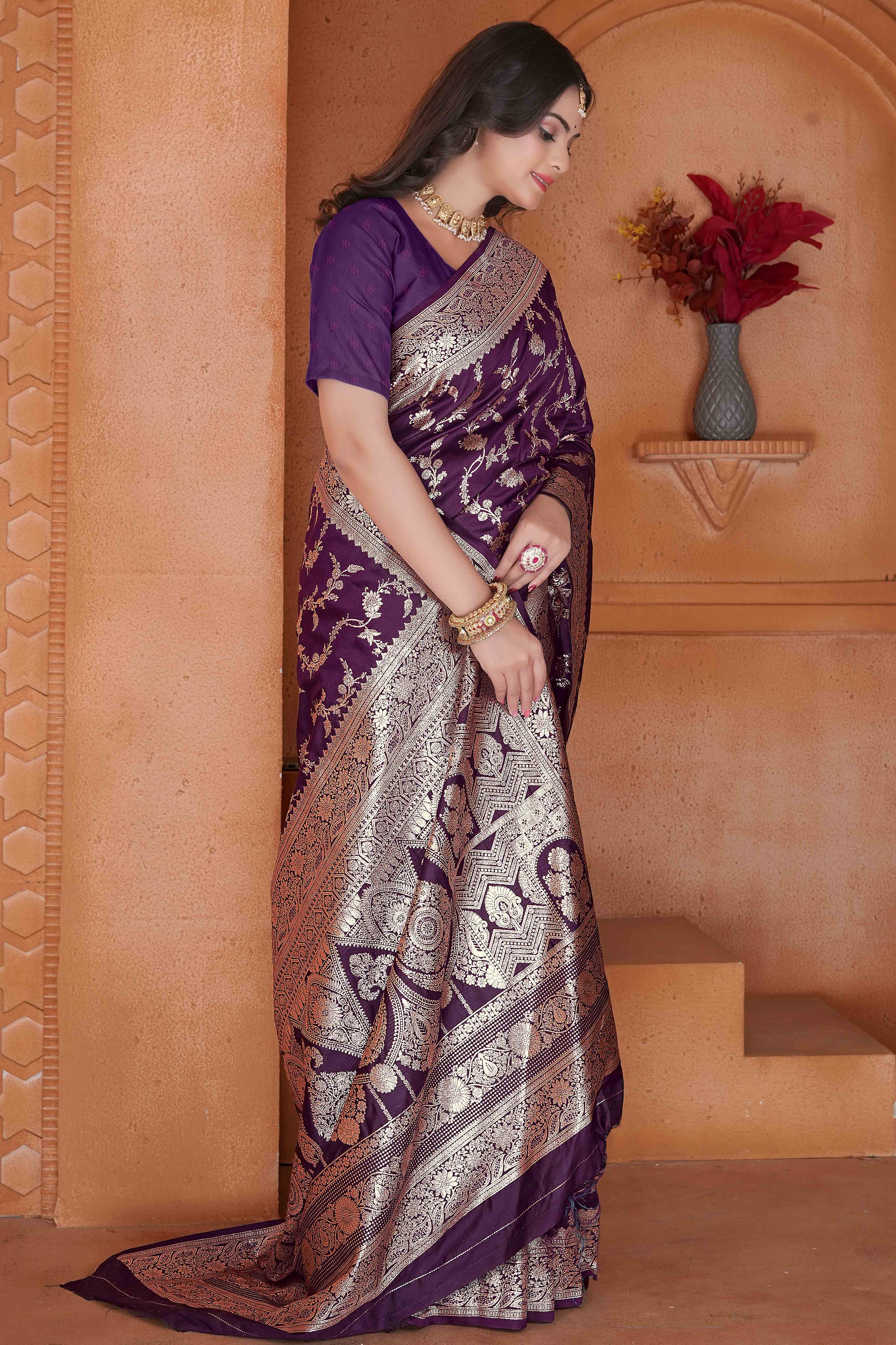 Purple Saree in Art Silk Featuring Traditional Zari Woven Floral Motifs for Special Occasions