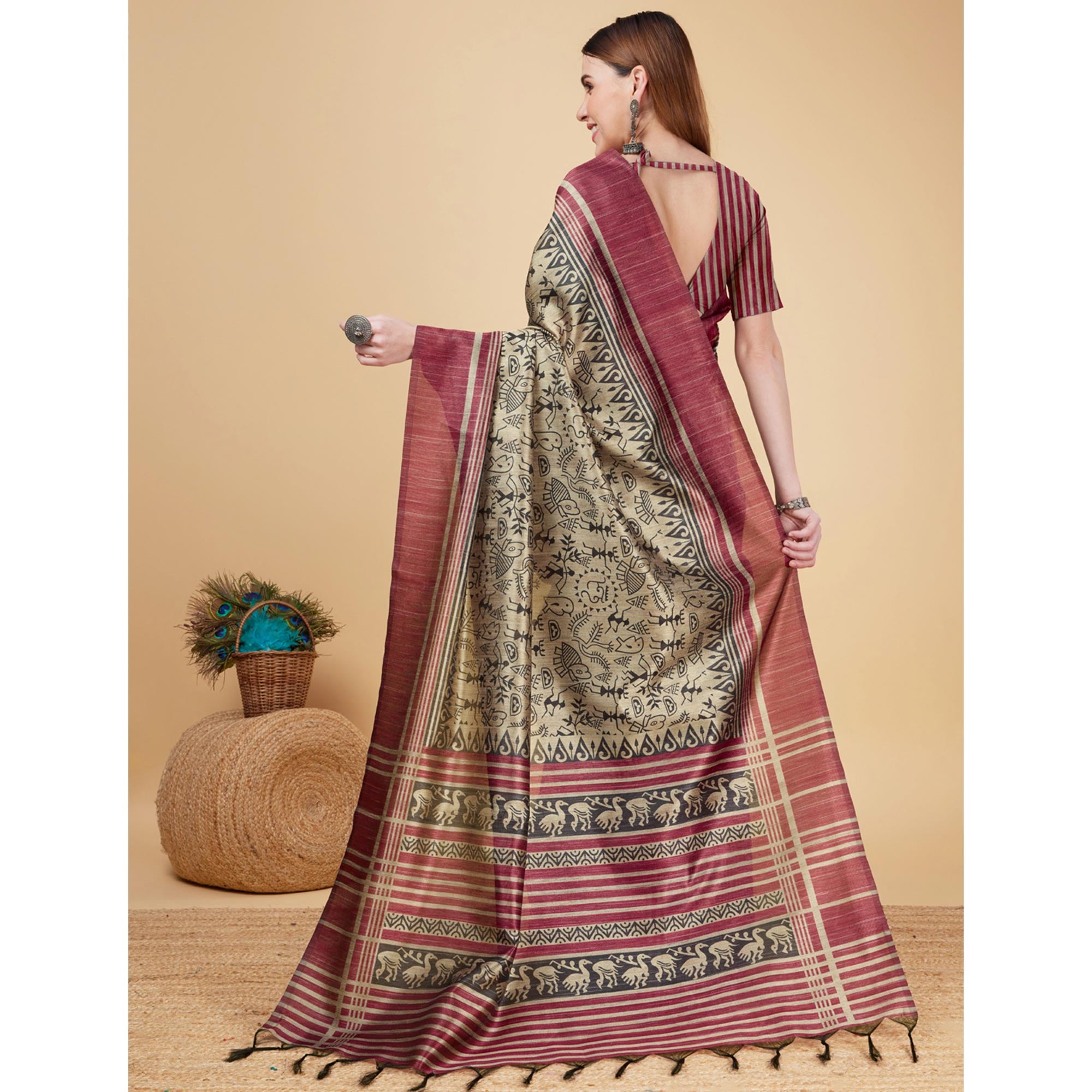 Chikoo & Maroon Printed Bhagalpuri Silk Saree With Tassels