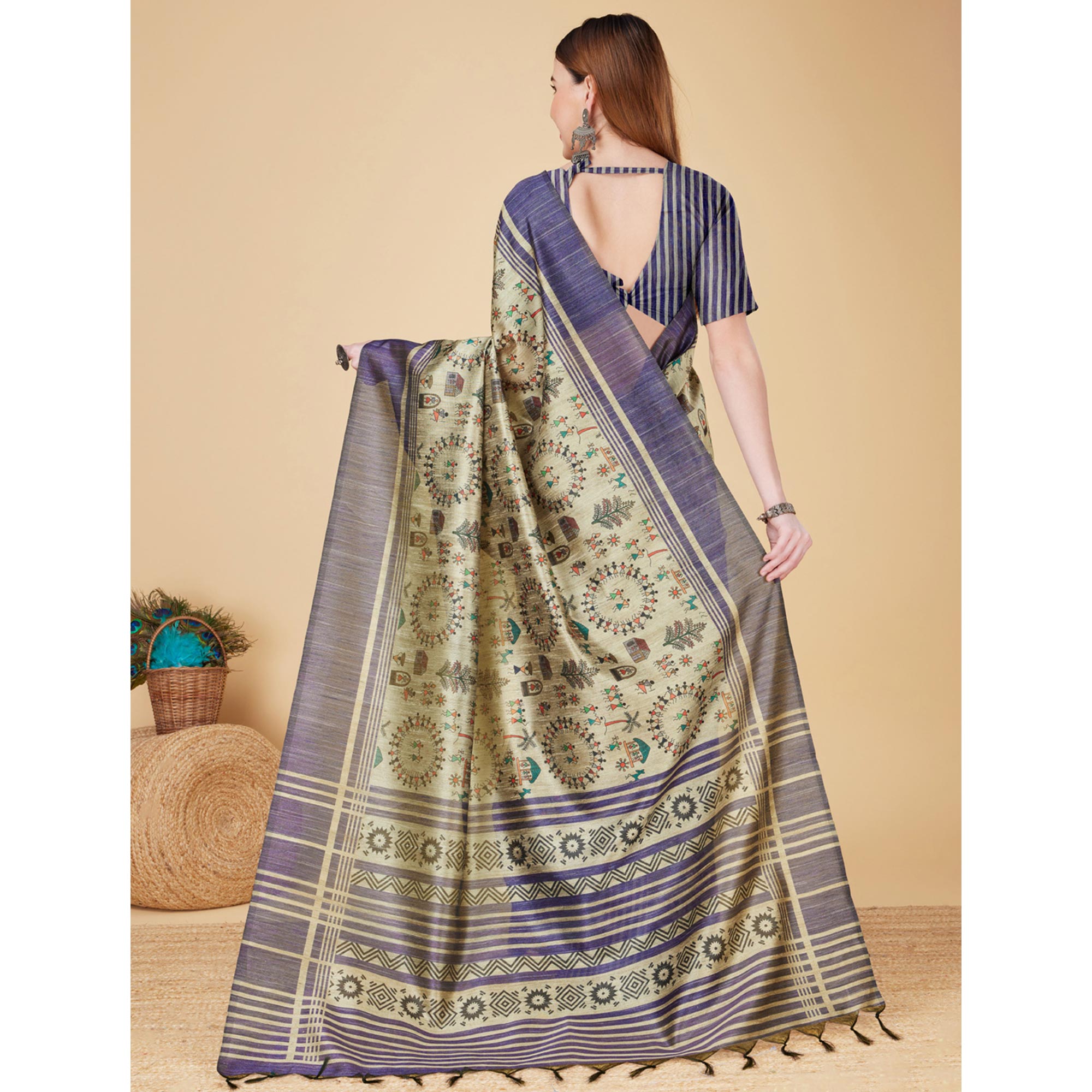 Chikoo & Blue Printed Bhagalpuri Silk Saree With Tassels