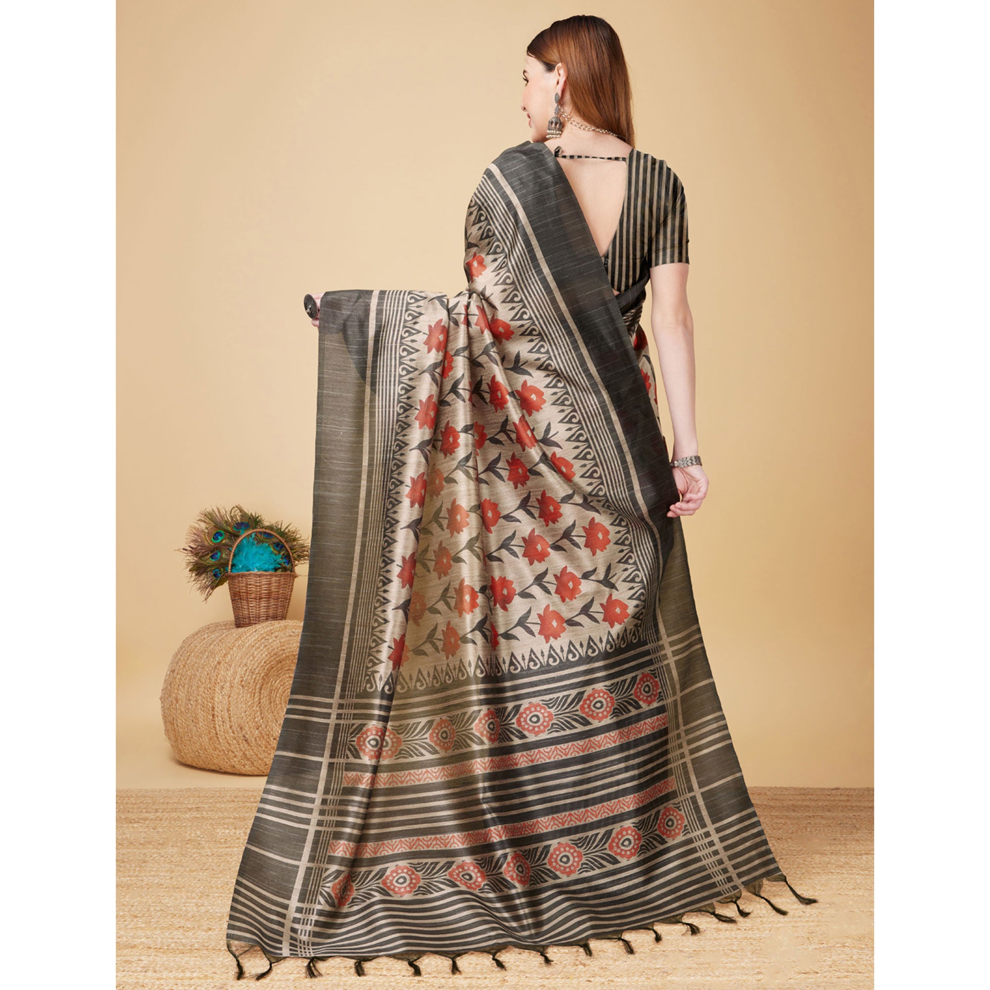 Beige & Black Floral Bhagalpuri Silk Saree With Tassels