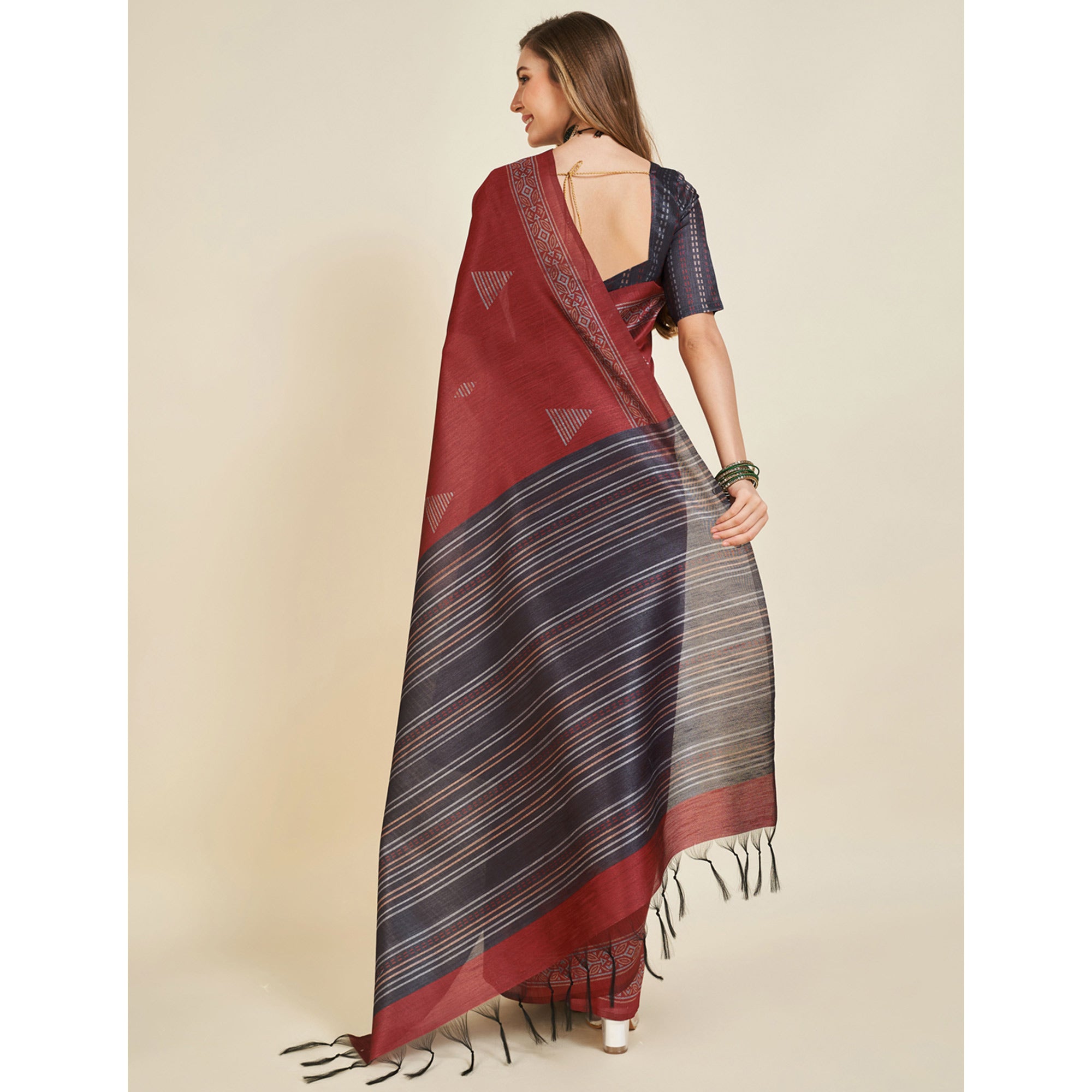 Maroon Digital Printed Bhagalpuri Silk Saree With Tassels