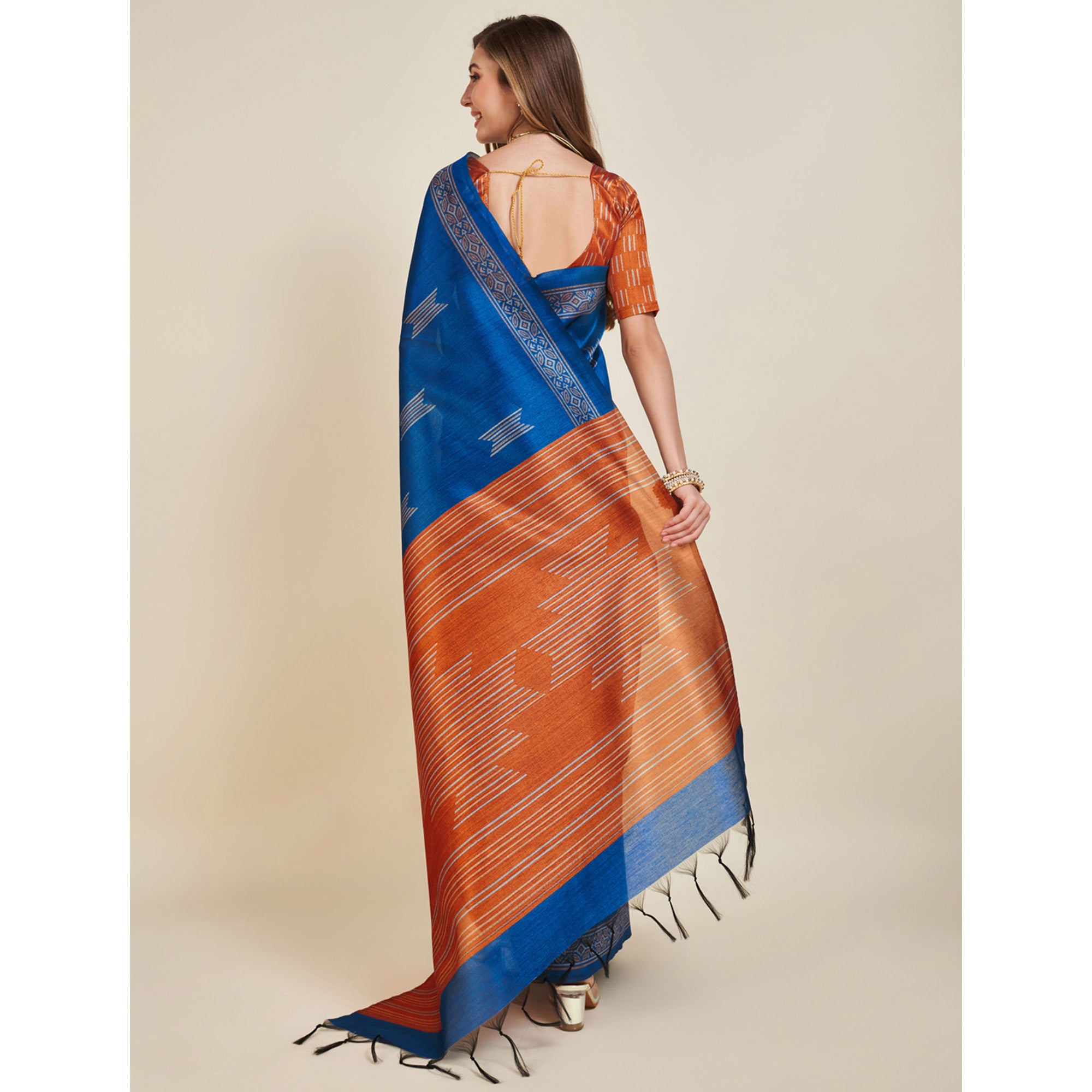 Blue Digital Printed Bhagalpuri Silk Saree With Tassels