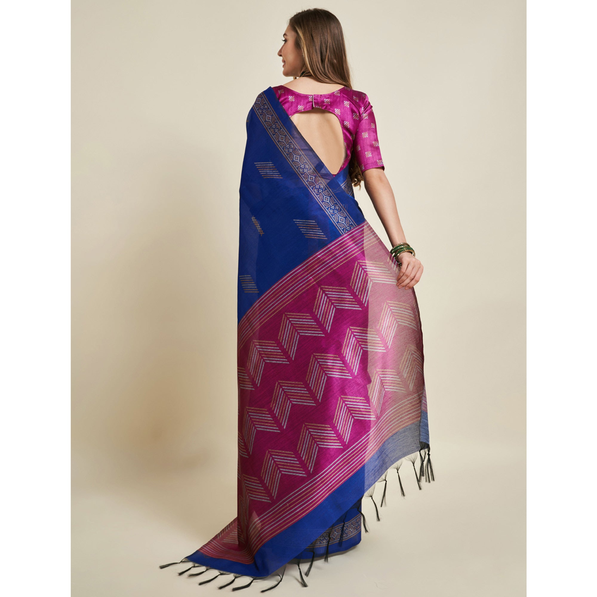 Blue & Rani Pink Digital Printed Bhagalpuri Silk Saree With Tassels