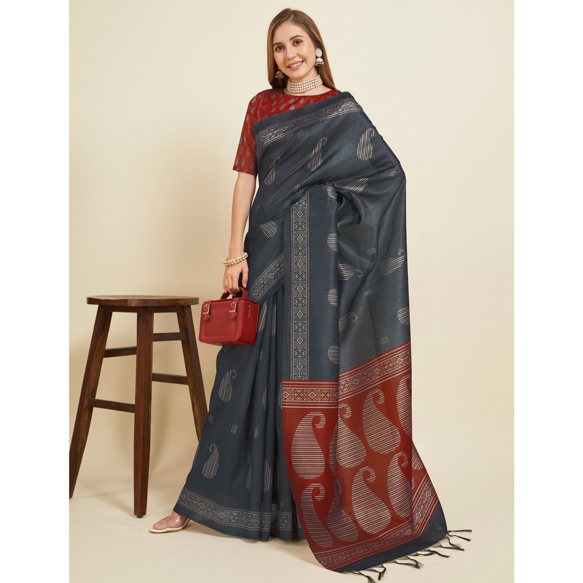 Grey Digital Printed Bhagalpuri Silk Saree With Tassels
