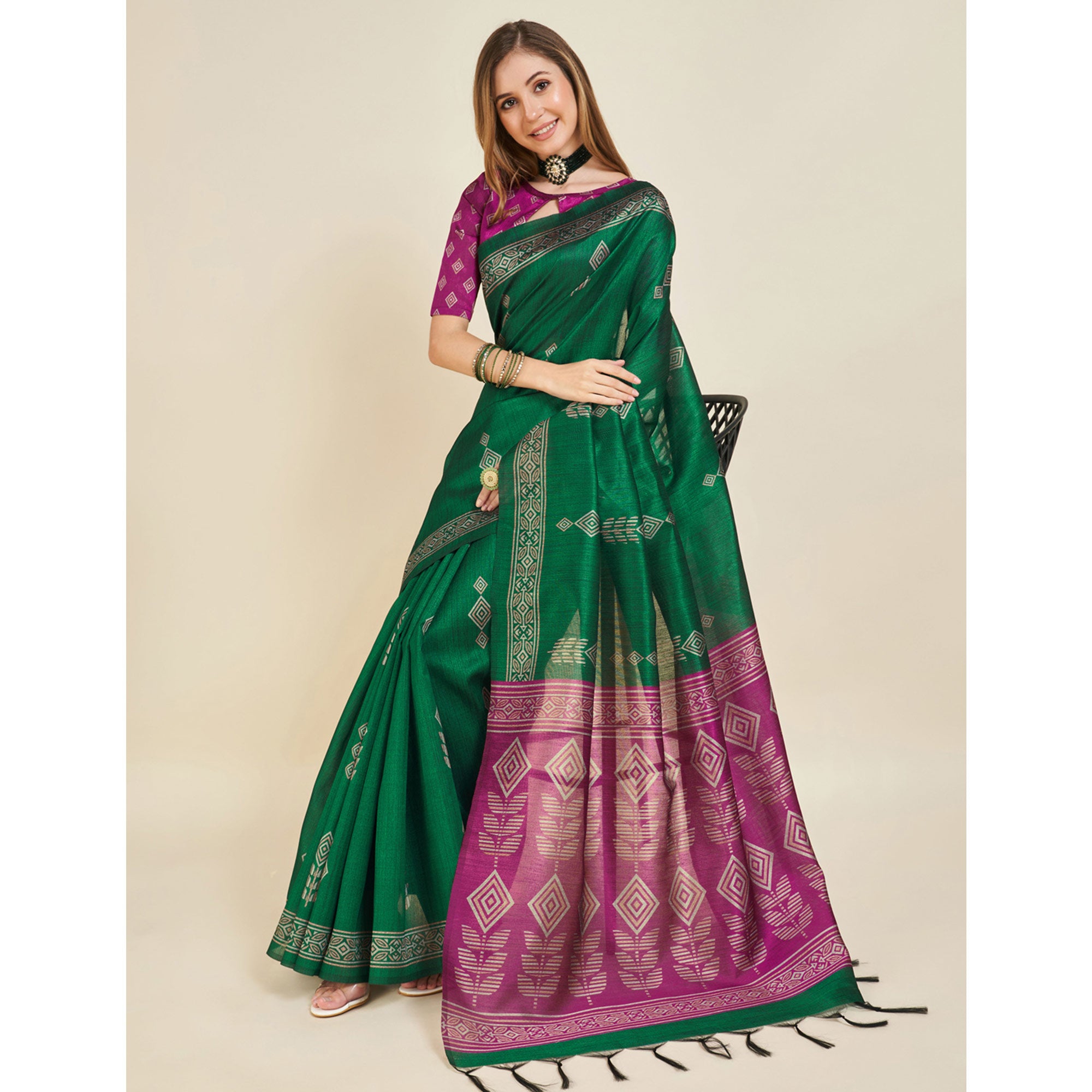 Green Digital Printed Bhagalpuri Silk Saree With Tassels