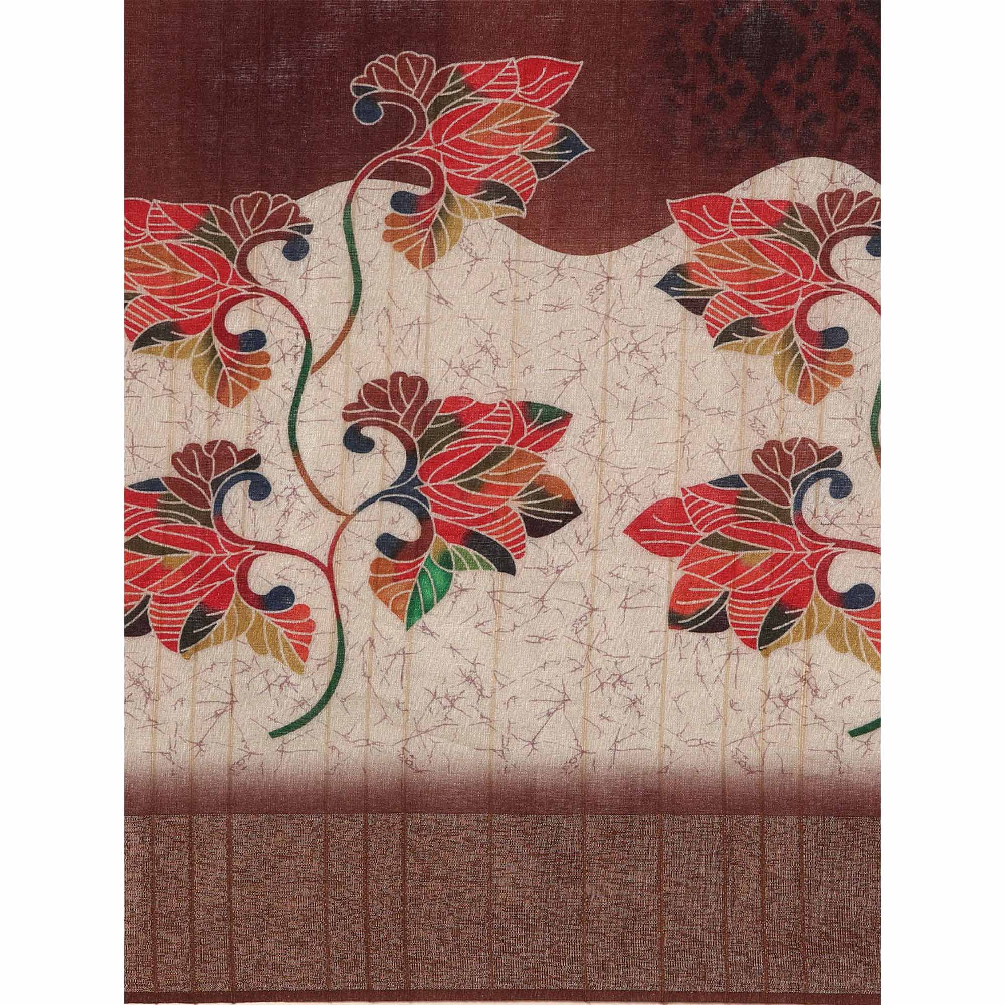 Cream & Brown Digital Printed Cotton Blend Saree With Woven Border