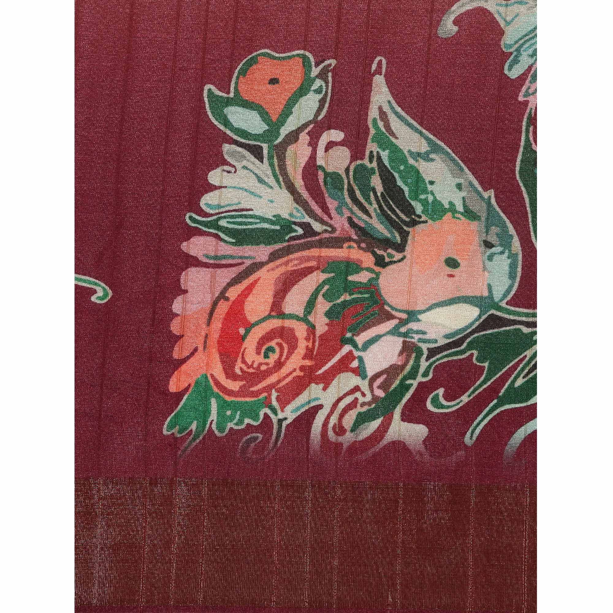 Maroon Digital Printed Cotton Blend Saree With Woven Border