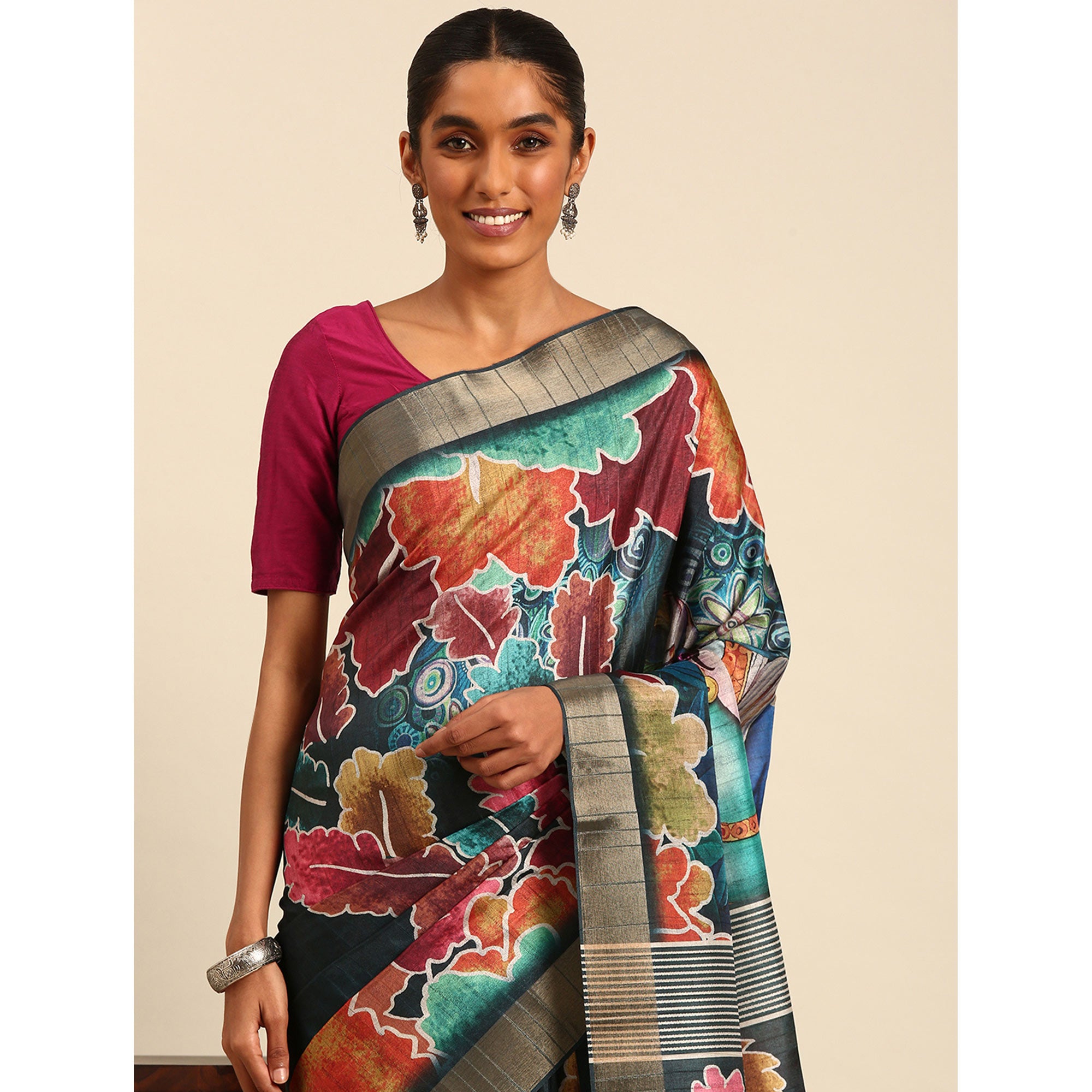 Teal Digital Printed Cotton Blend Saree With Woven Border