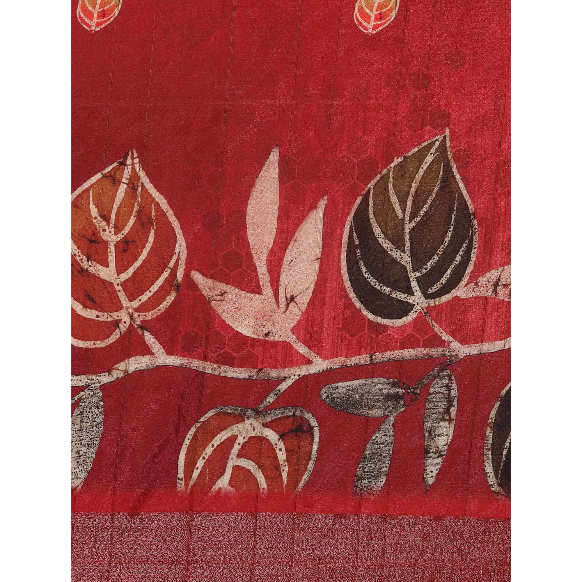 Red Digital Printed Cotton Blend Saree With Woven Border