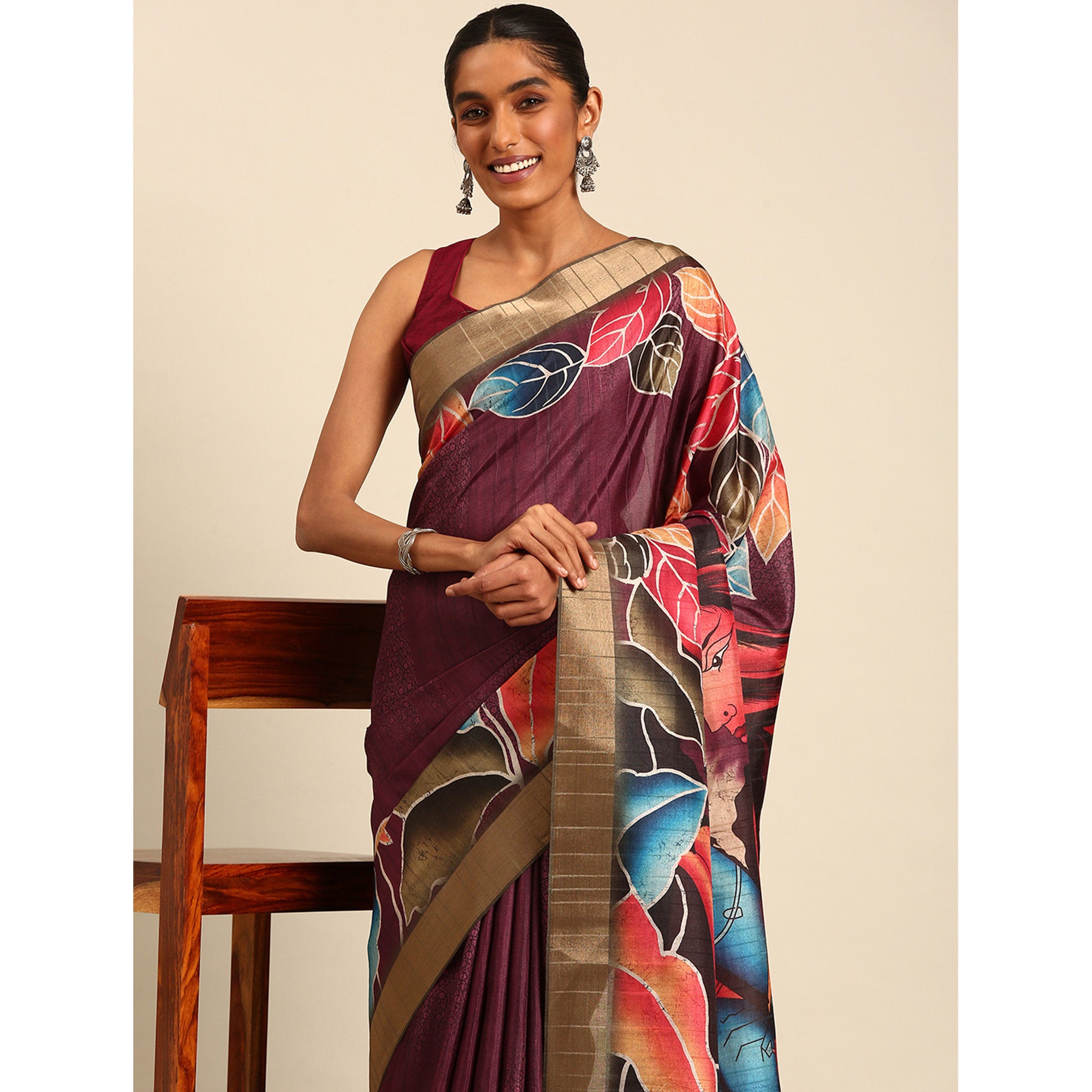 Wine Digital Printed Cotton Blend Saree With Woven Border