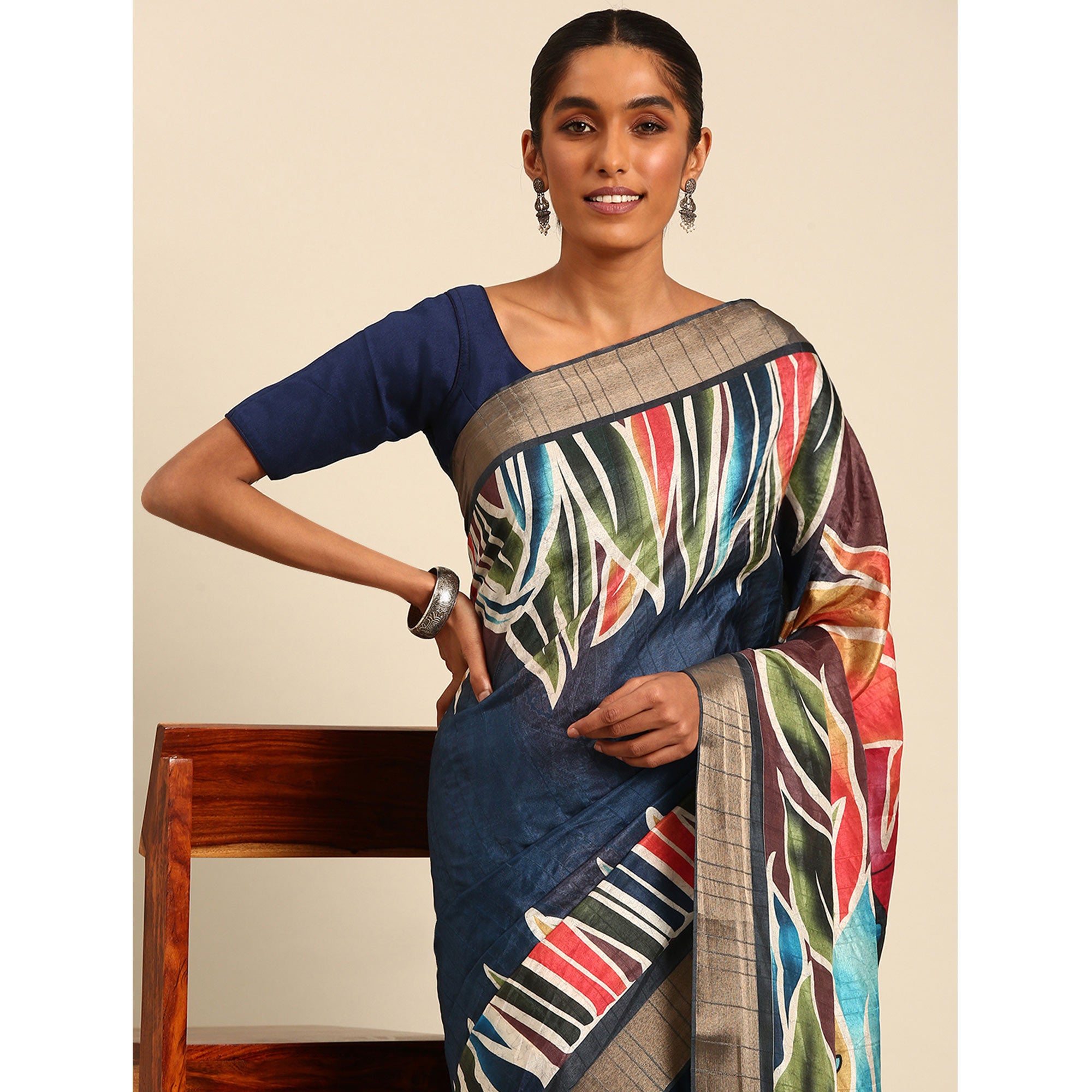 Blue Digital Printed Cotton Blend Saree With Woven Border