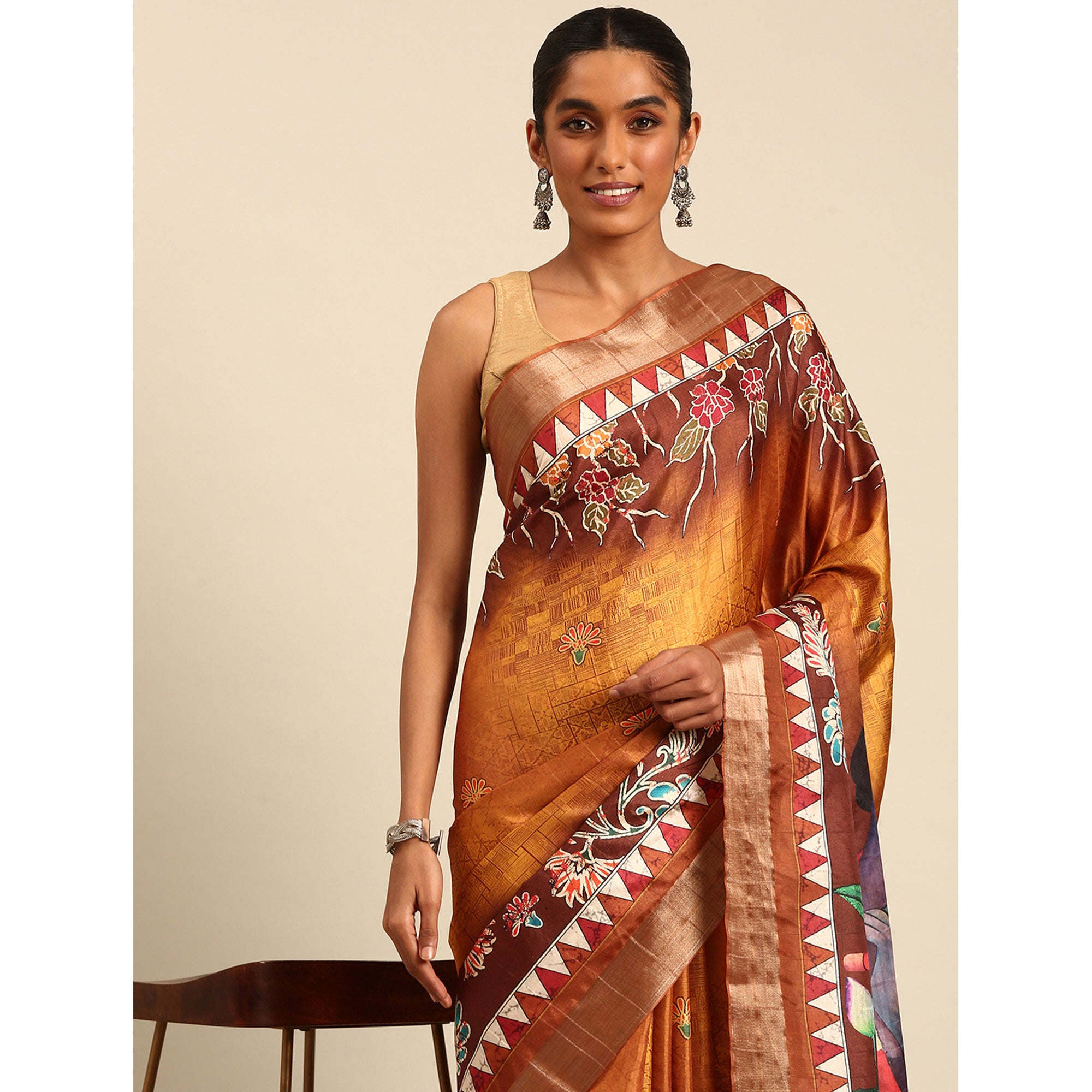 Orange Digital Printed Cotton Blend Saree With Woven Border