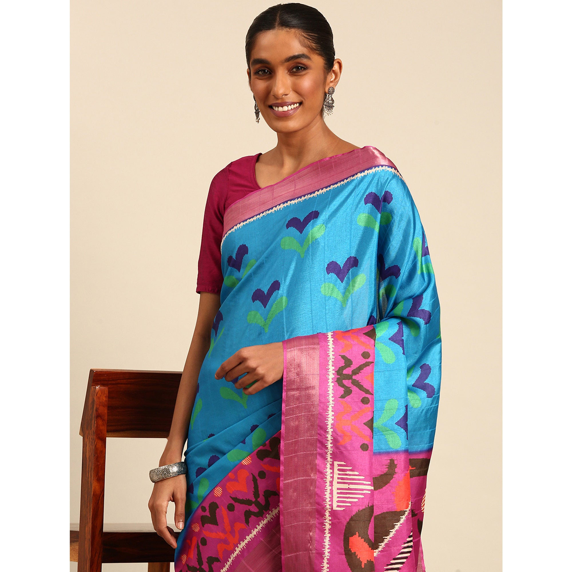 Blue Digital Printed Cotton Blend Saree With Woven Border