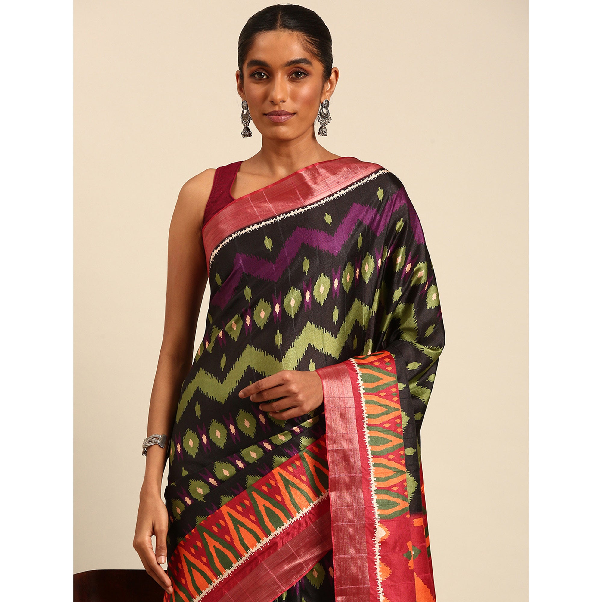 Black Digital Printed Cotton Blend Saree With Woven Border