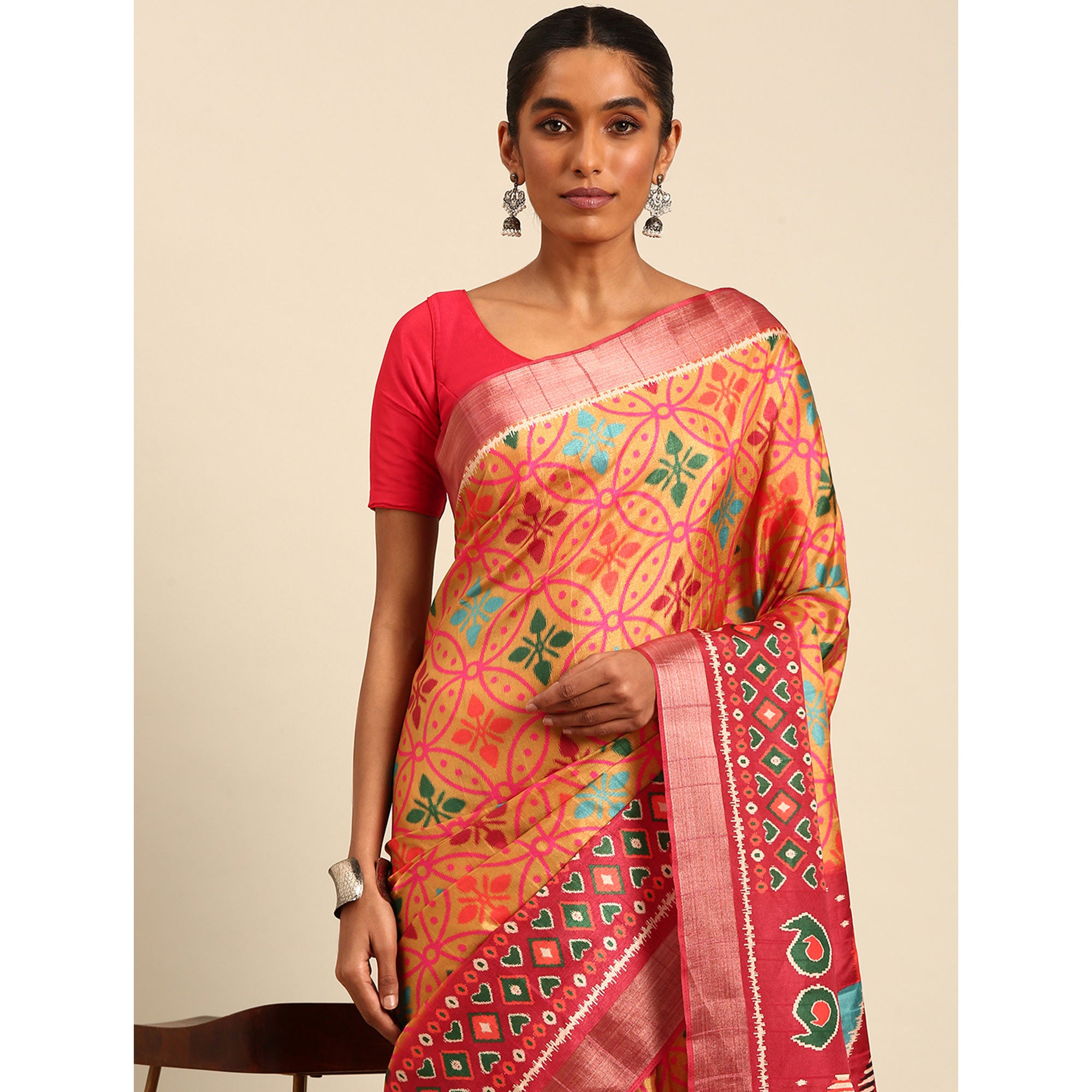 Orange Digital Printed Cotton Blend Saree With Woven Border