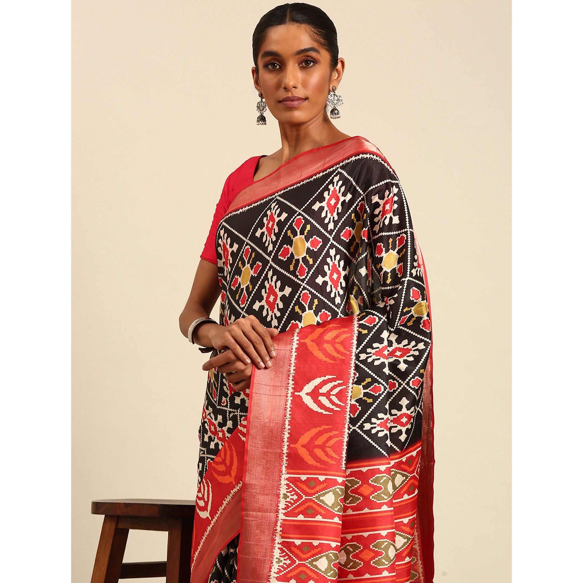 Black Digital Printed Cotton Blend Saree With Woven Border