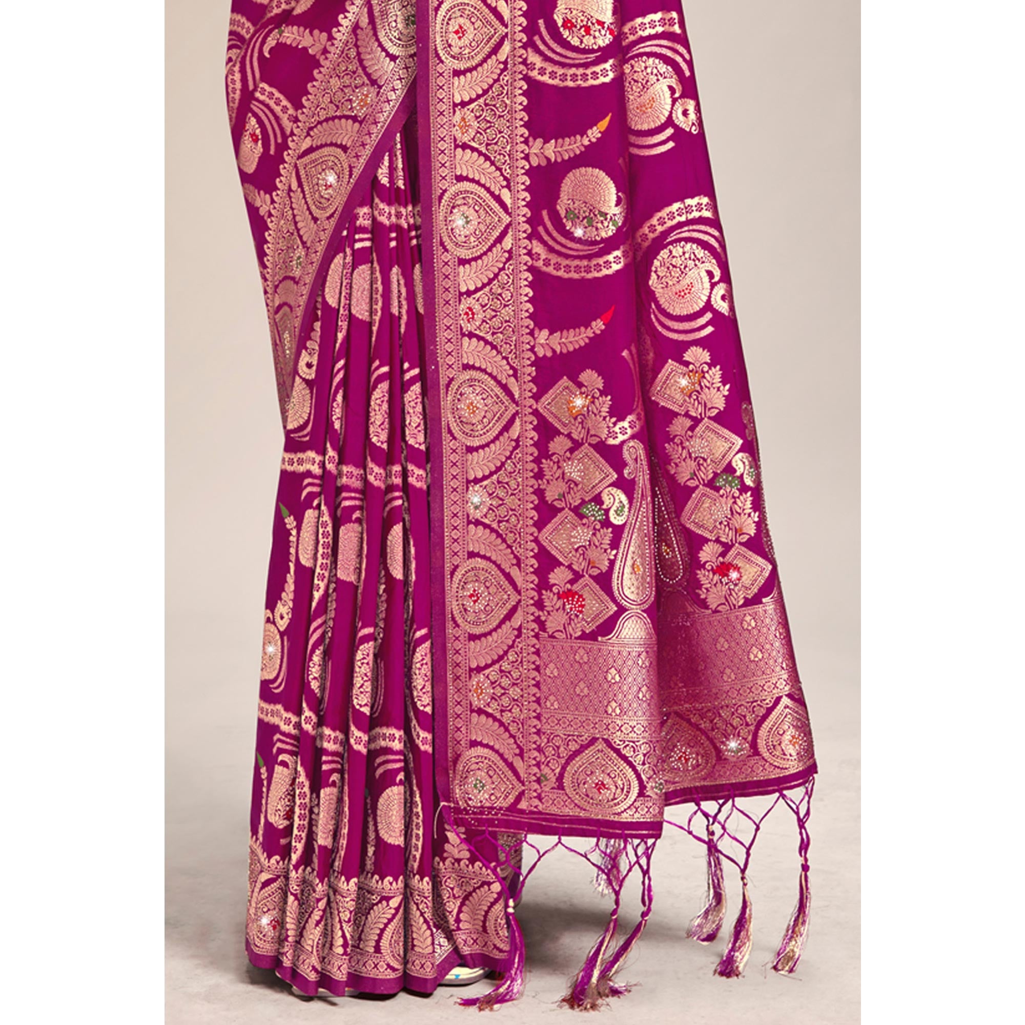 Purple Woven Banarasi Silk Saree With Tassels