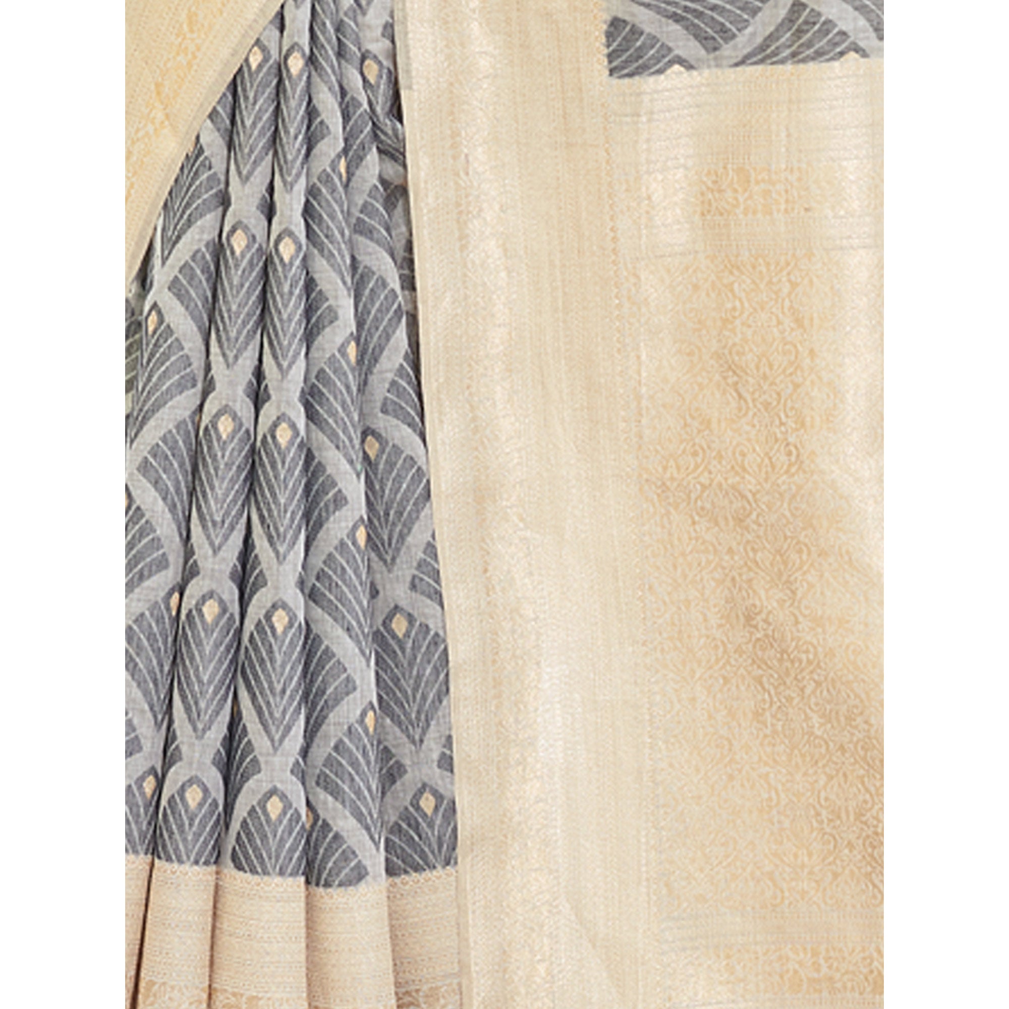 Grey Woven Cotton Silk Saree With Tassels