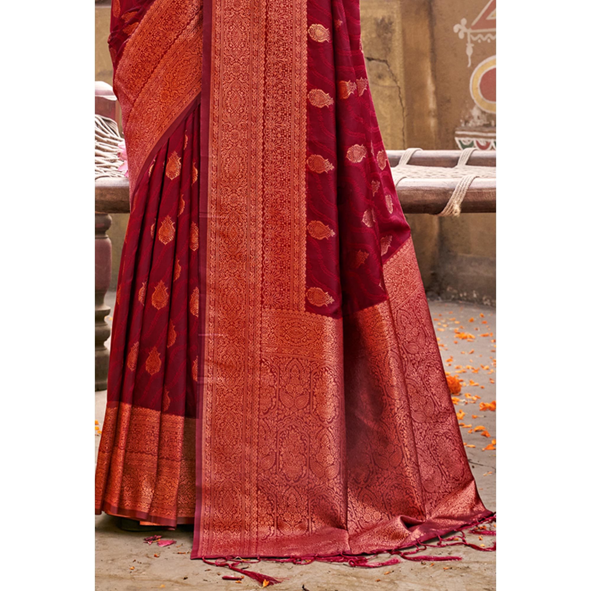 Maroon Floral Woven Banarasi Silk Saree With Tassels