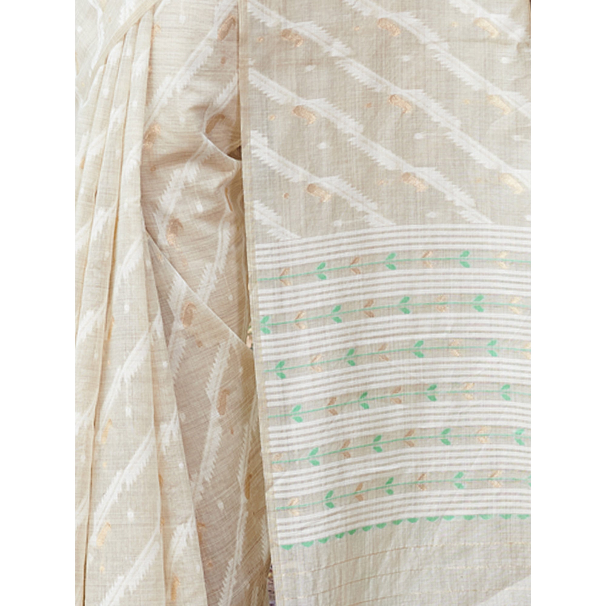 Off White & Pista Green Woven Cotton Silk Saree With Tassels