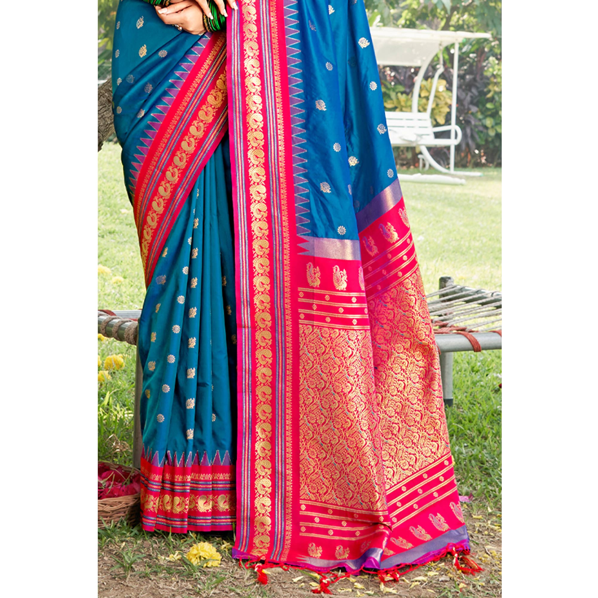 Blue Woven Paithani Banarasi Silk Saree With Tassels