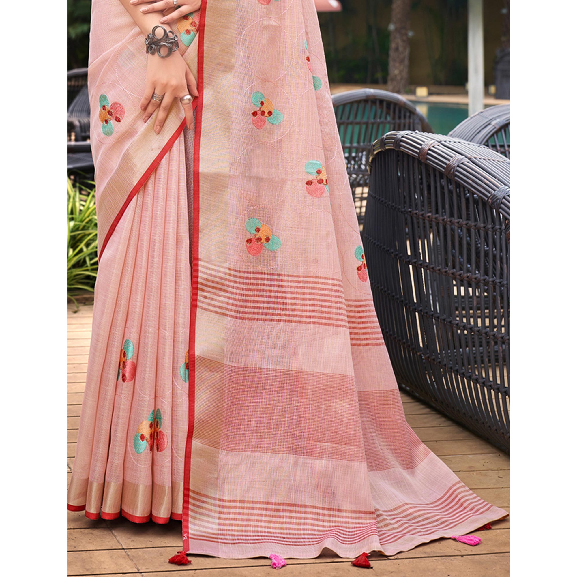 Pink Floral Embroidered Linen Saree With Tassels